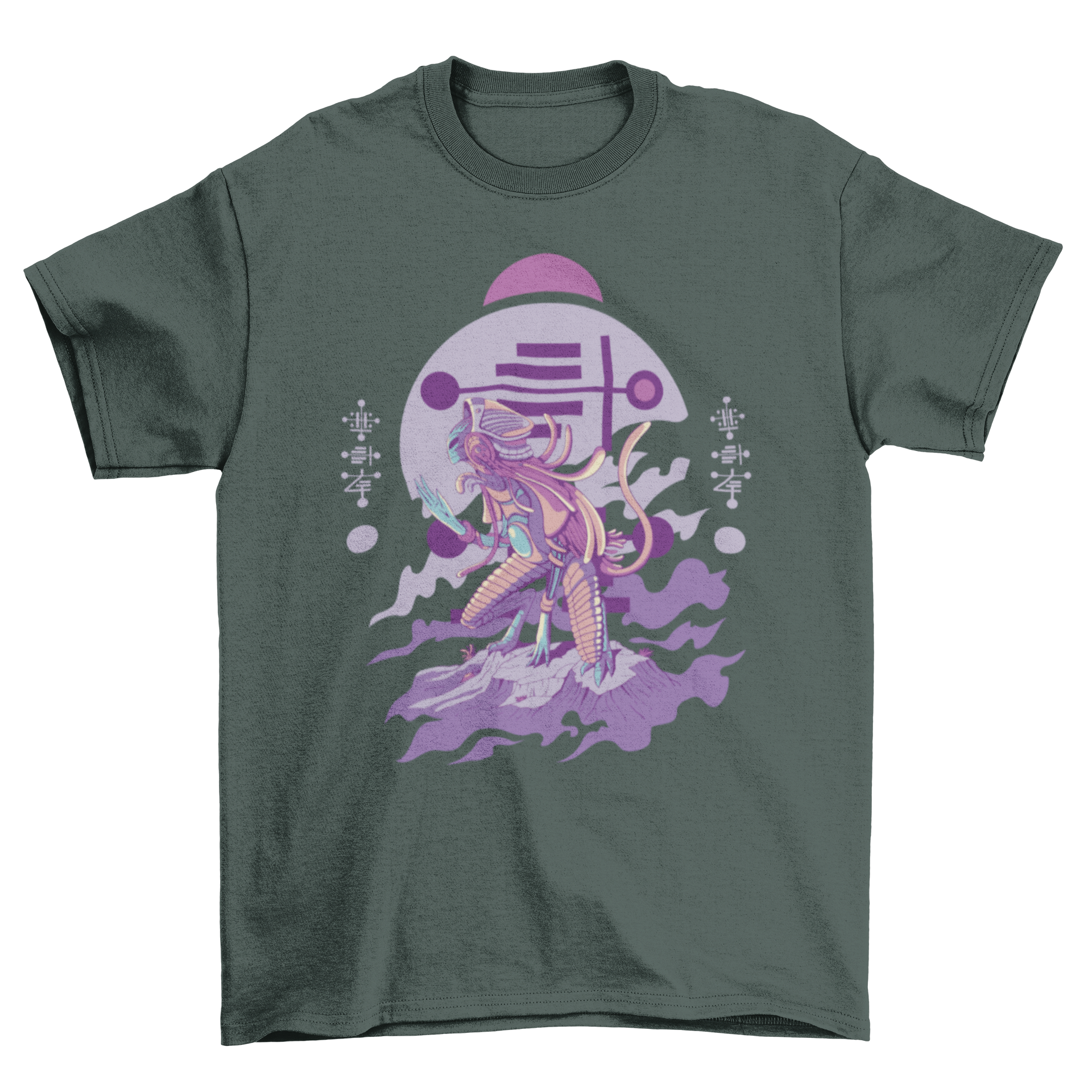 A stylish t-shirt featuring an illustration of an alien creature kneeling, showcasing intricate details and vibrant colors.