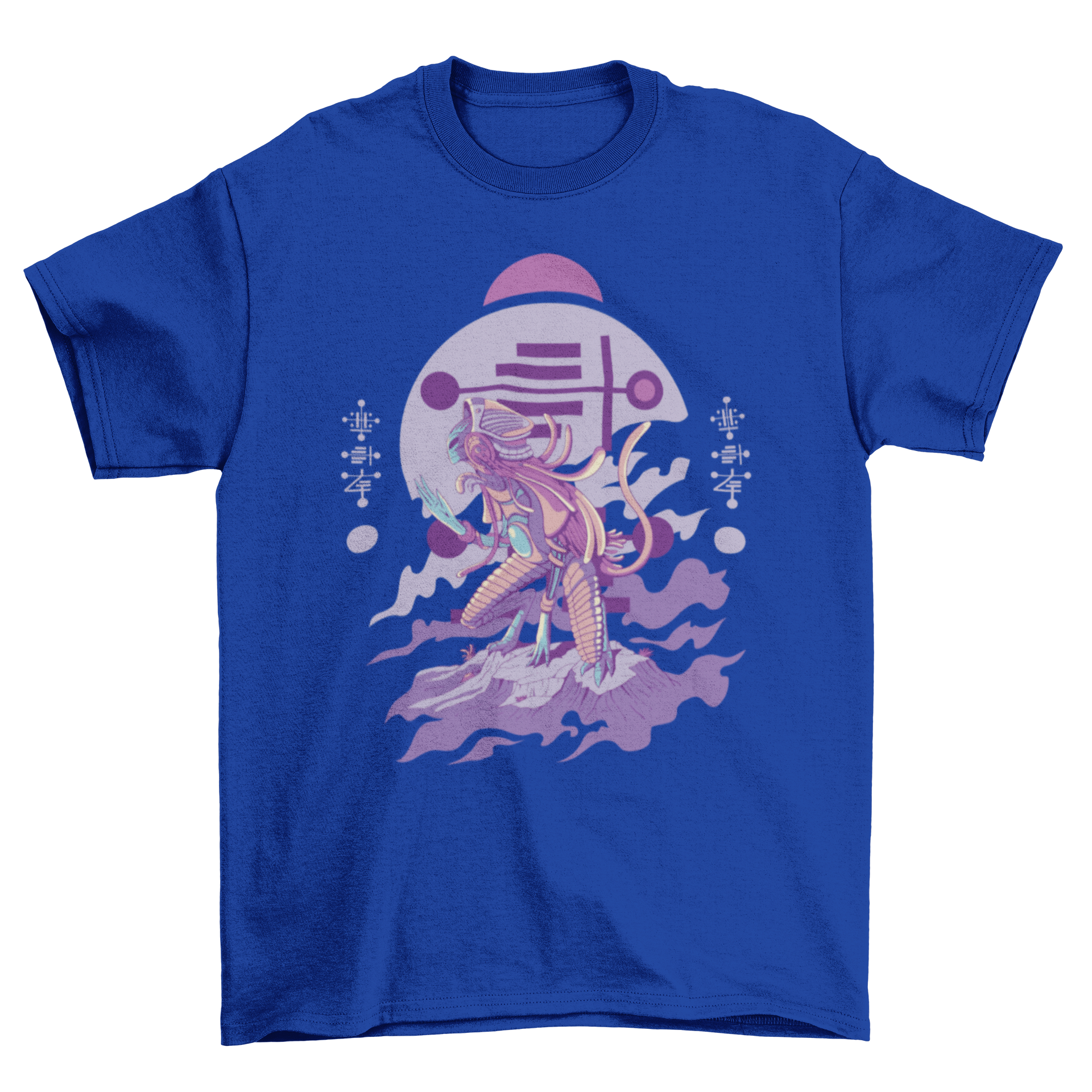 A stylish t-shirt featuring an illustration of an alien creature kneeling, showcasing intricate details and vibrant colors.