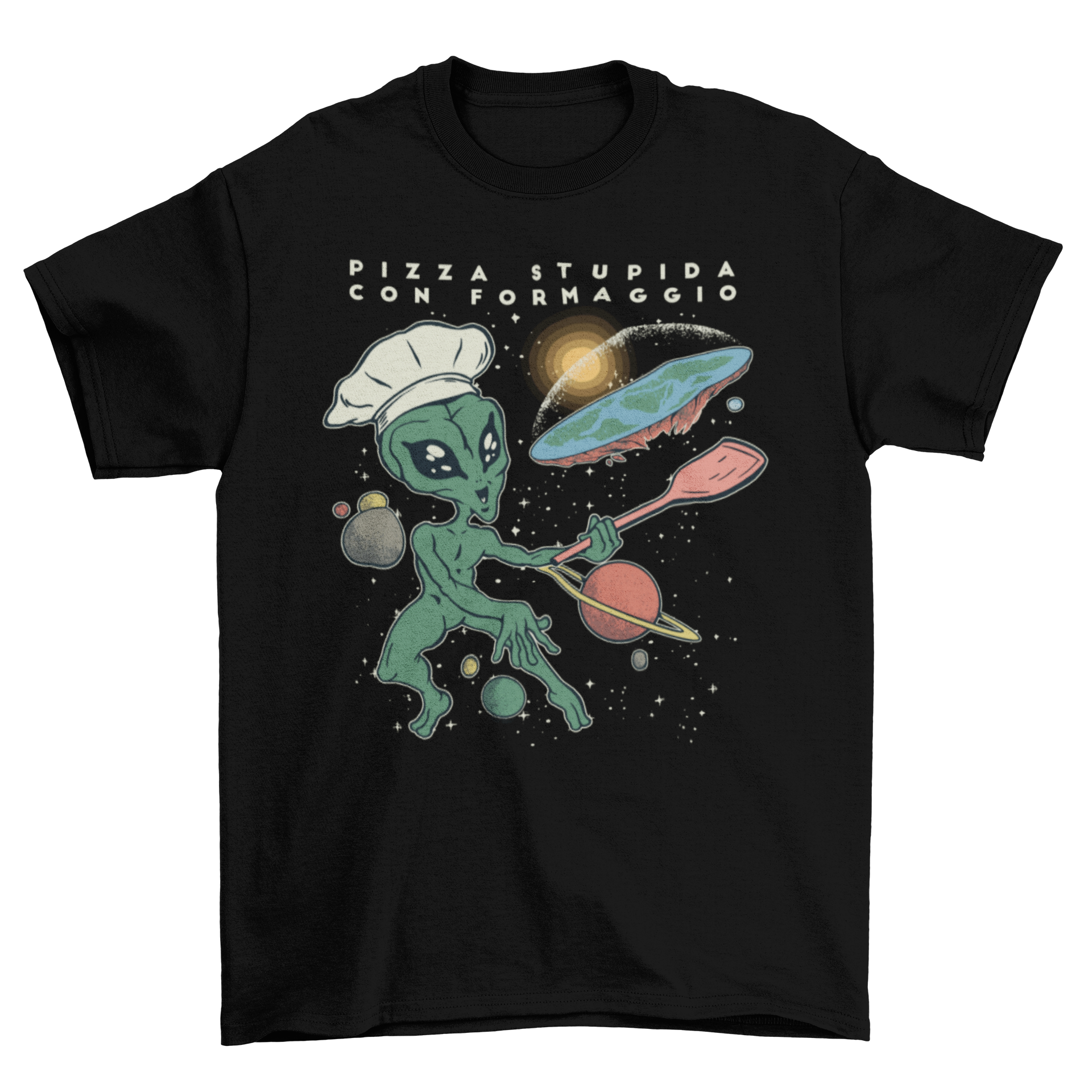 Alien Flat Earth T-shirt featuring an alien chef making pizza from a flat Earth design.