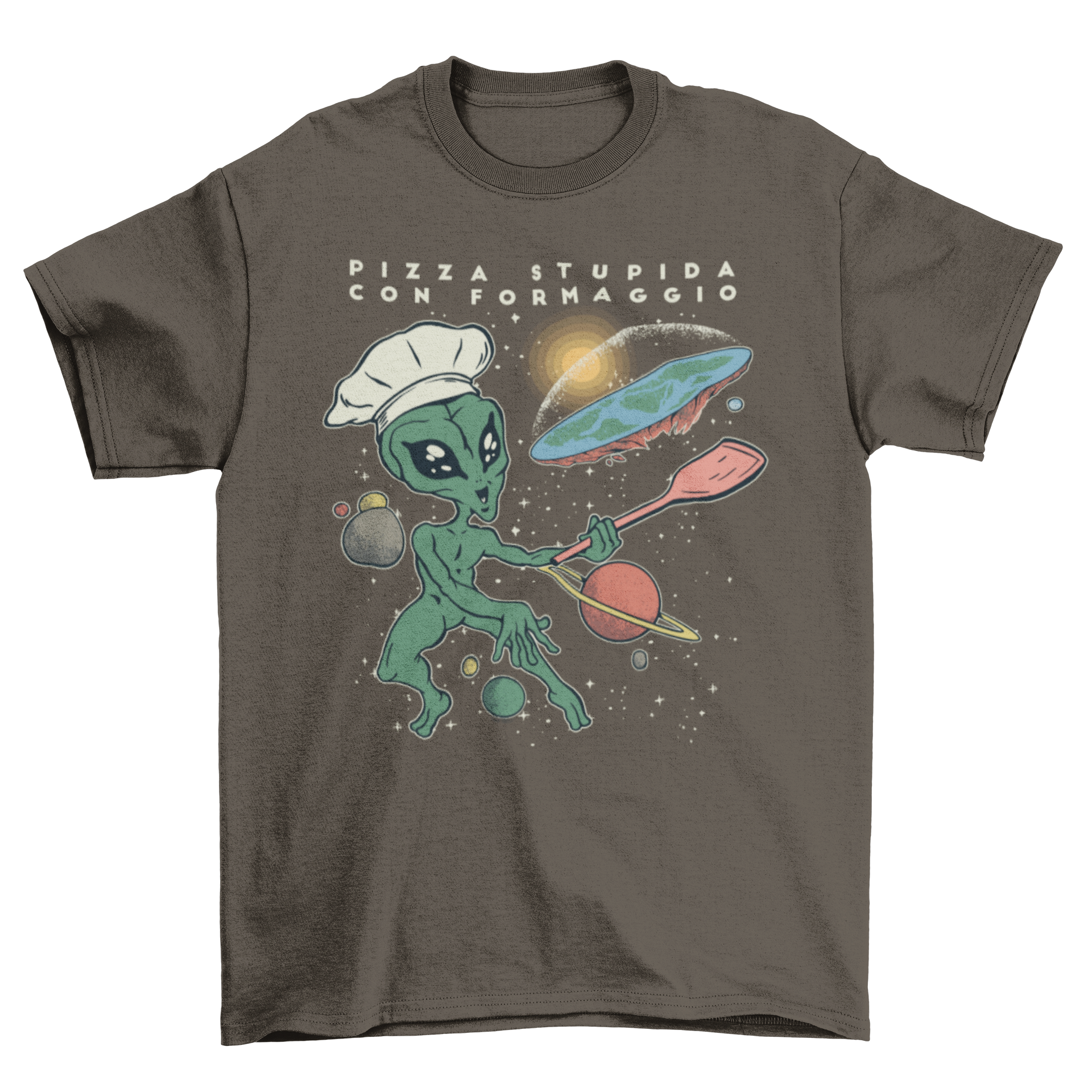 Alien Flat Earth T-shirt featuring an alien chef making pizza from a flat Earth design.