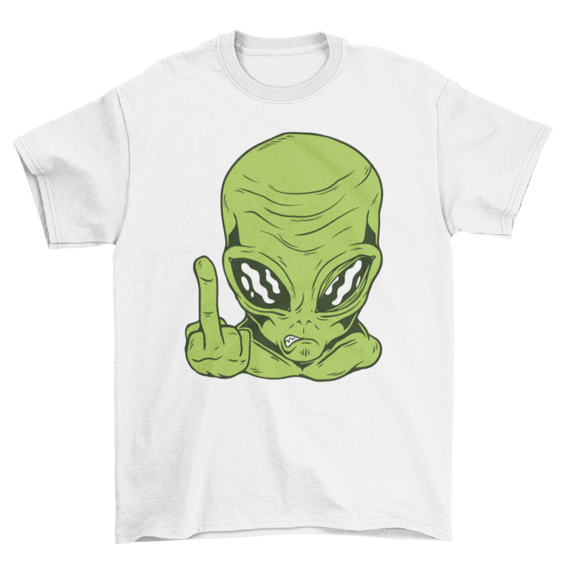 A vibrant green alien graphic on a T-shirt, humorously flipping off.