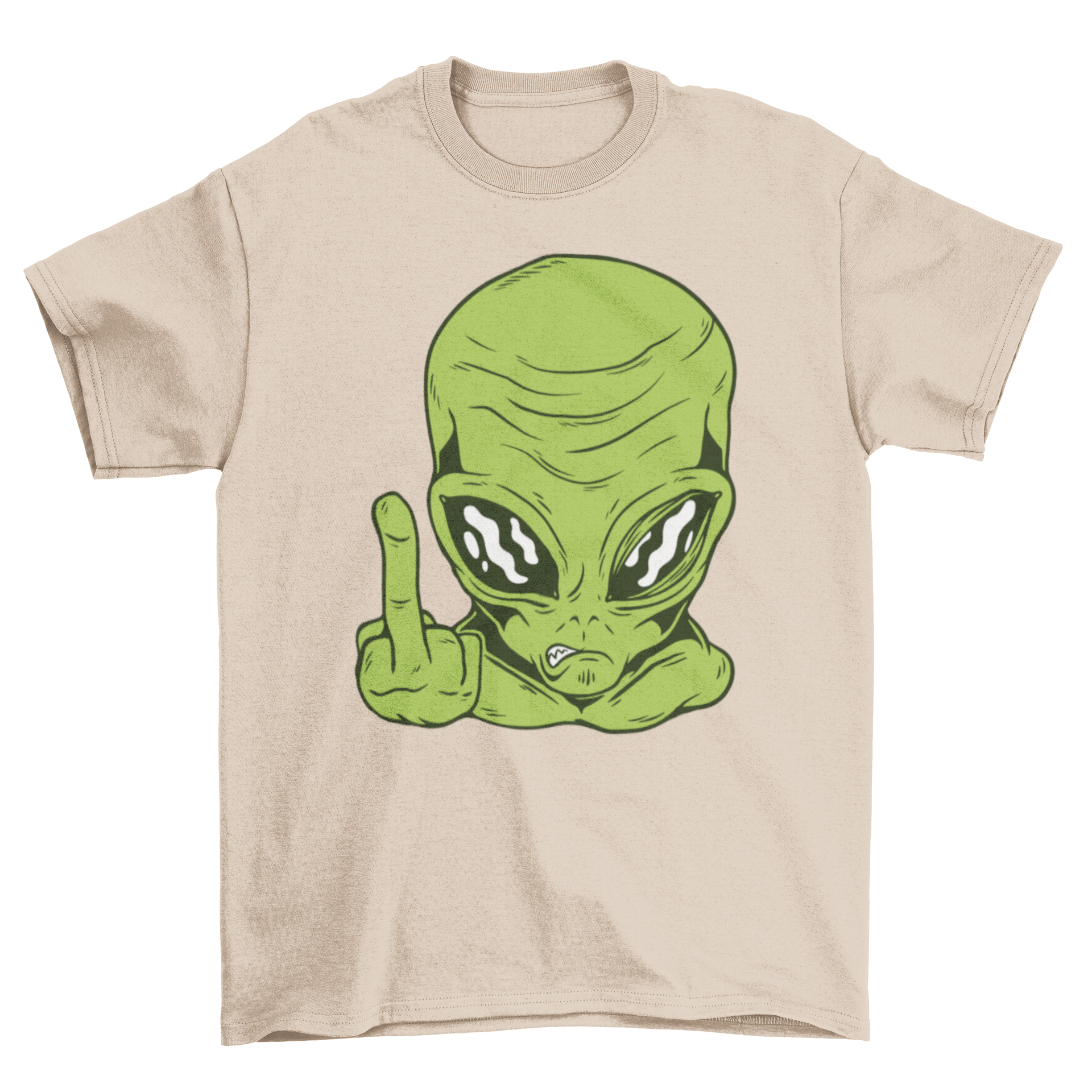 A vibrant green alien graphic on a T-shirt, humorously flipping off.