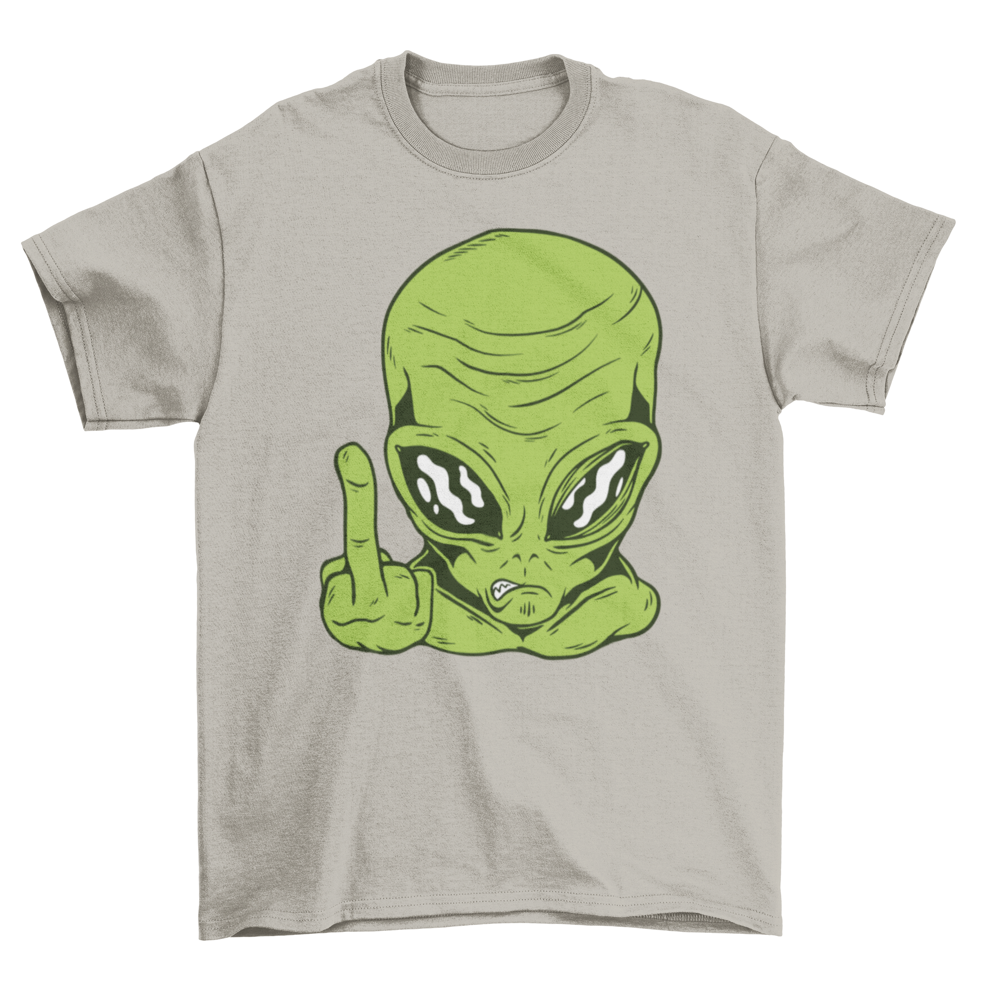 A vibrant green alien graphic on a T-shirt, humorously flipping off.