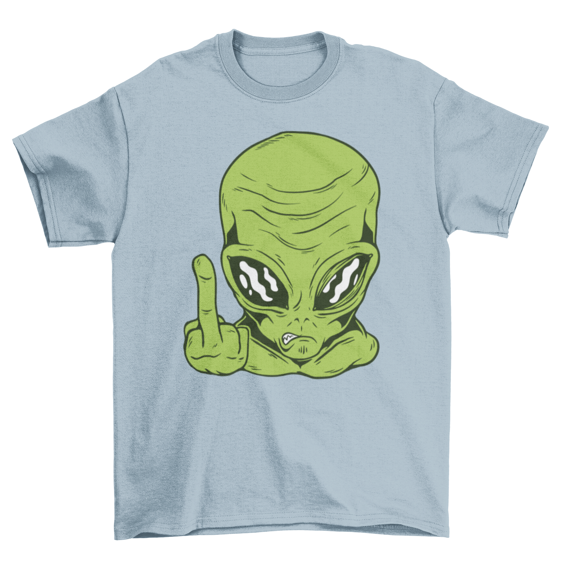 A vibrant green alien graphic on a T-shirt, humorously flipping off.