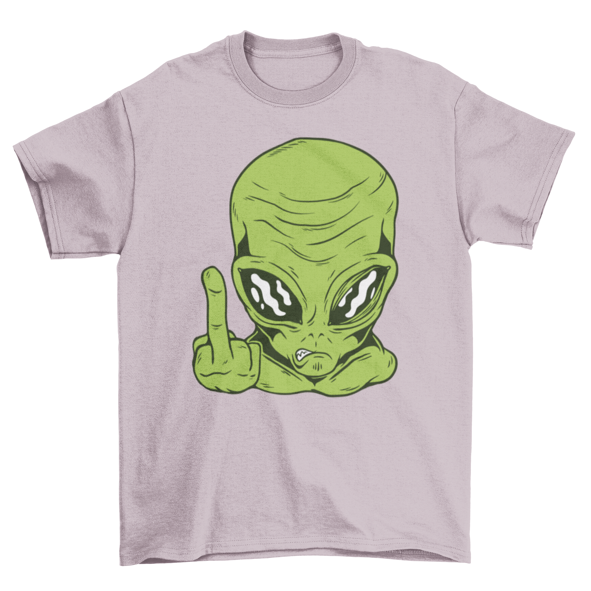 A vibrant green alien graphic on a T-shirt, humorously flipping off.