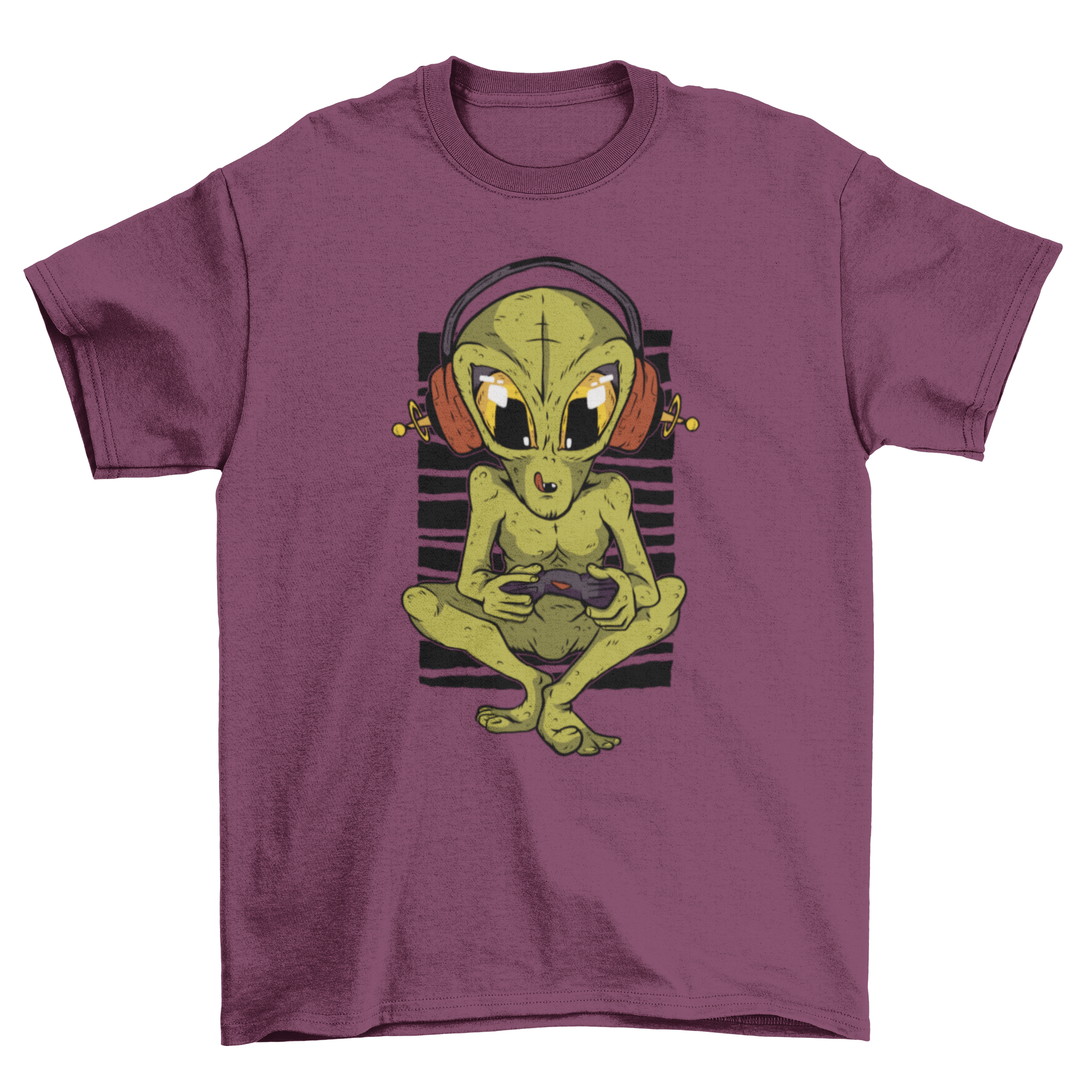 Alien Gamer T-Shirt featuring a green alien with headphones and a game controller illustration.