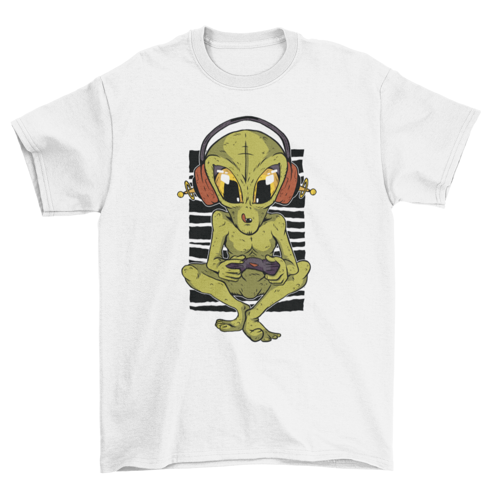 Alien Gamer T-Shirt featuring a green alien with headphones and a game controller illustration.