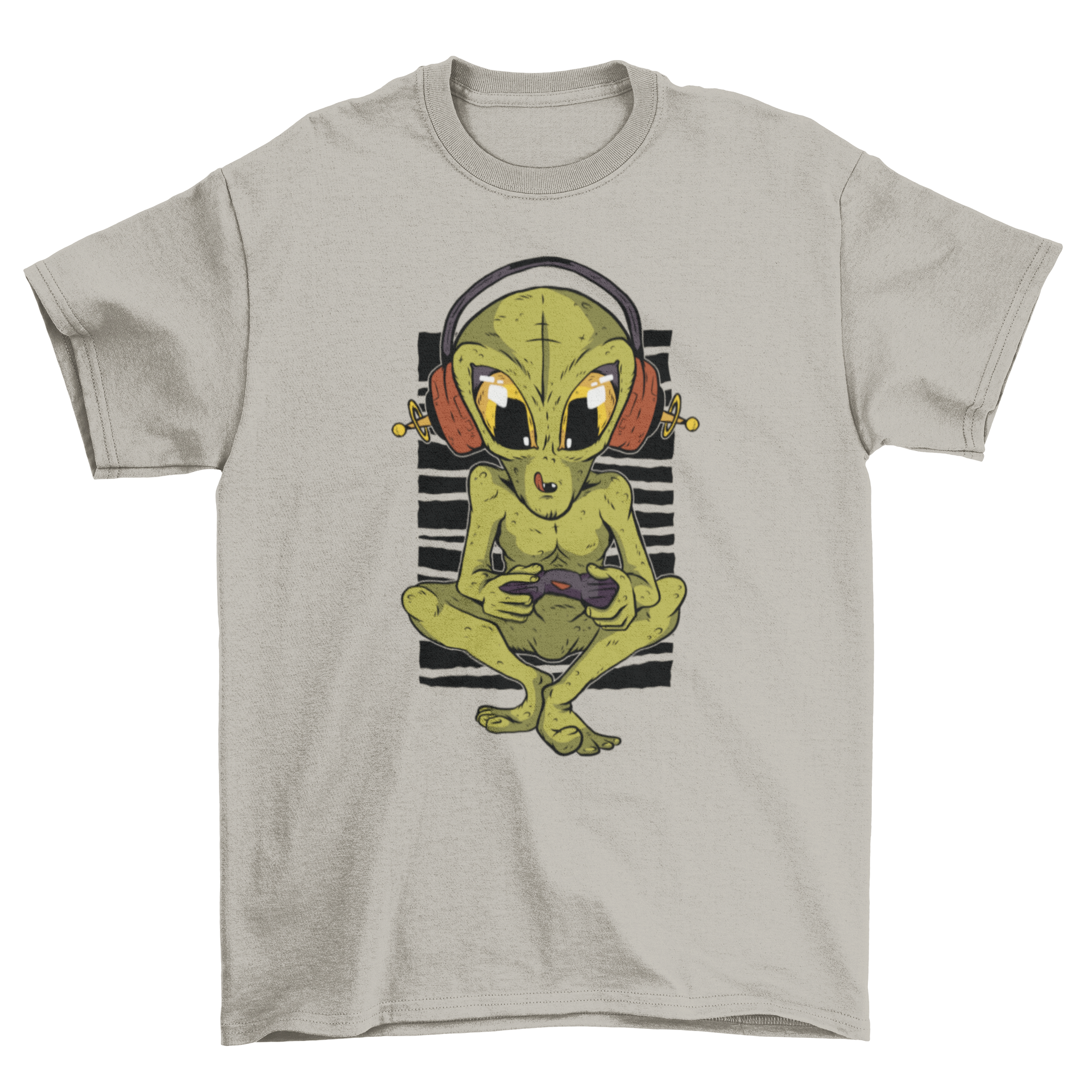 Alien Gamer T-Shirt featuring a green alien with headphones and a game controller illustration.