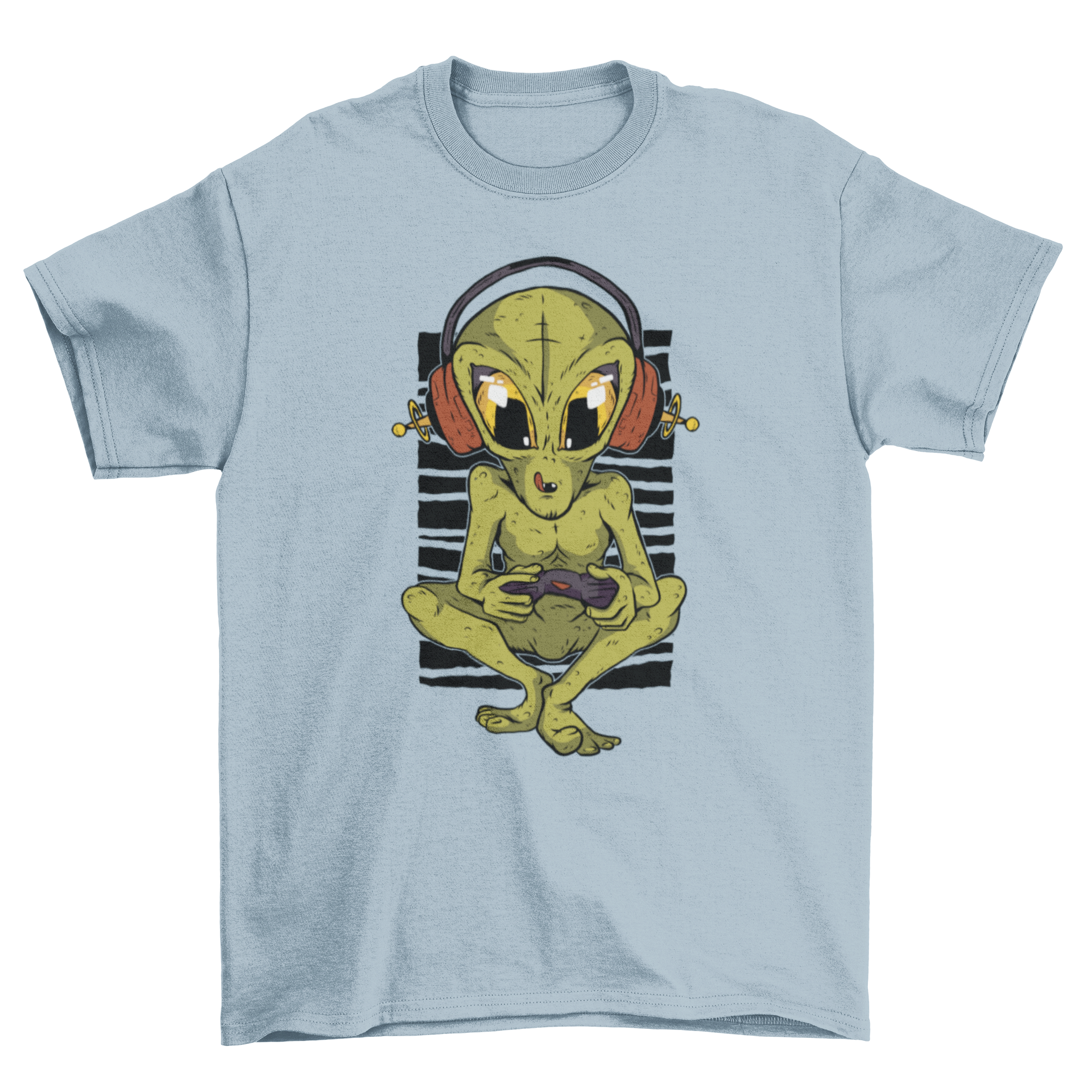 Alien Gamer T-Shirt featuring a green alien with headphones and a game controller illustration.