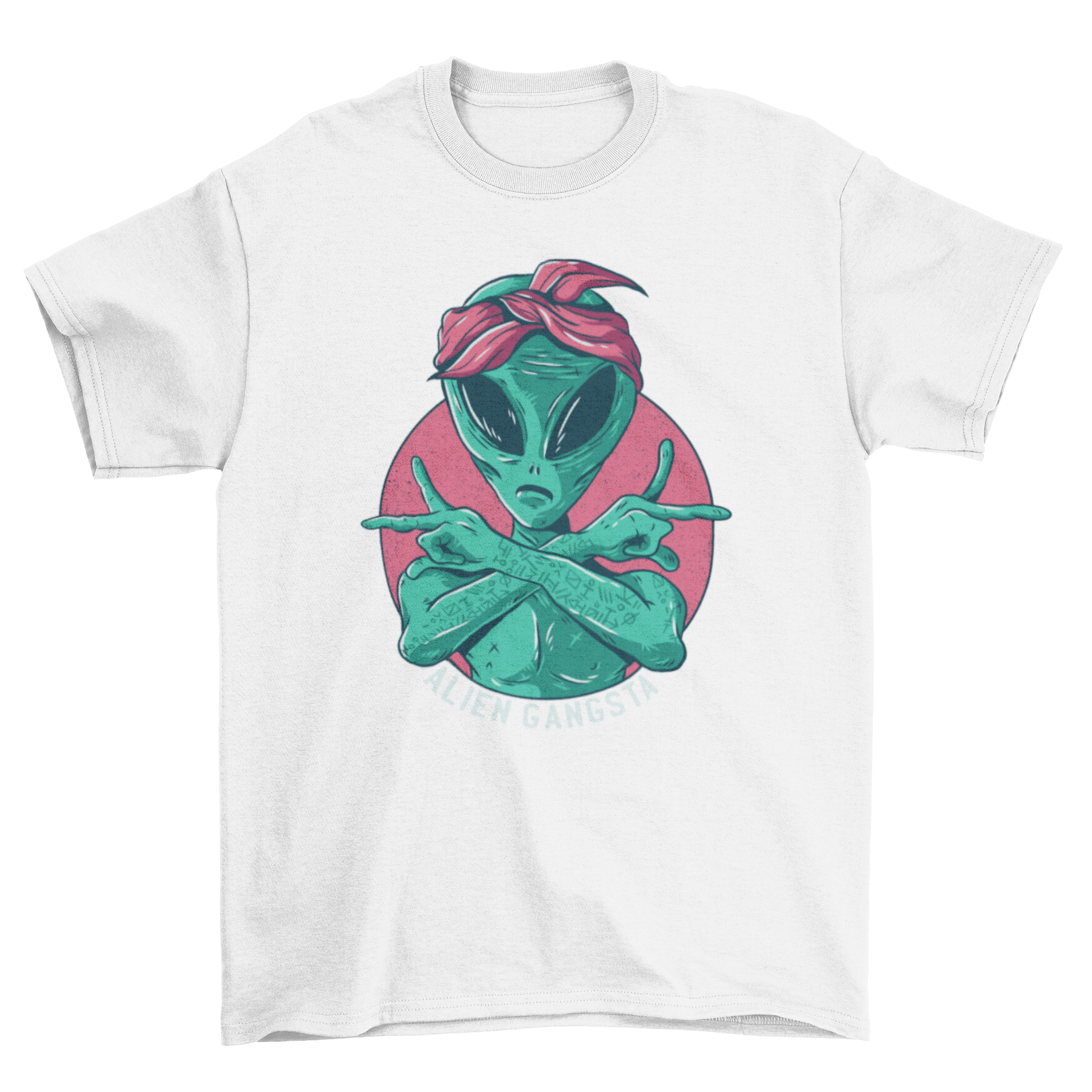 Alien Gangsta T-Shirt featuring a green alien making a gang sign with crossed hands and a headband, captioned 'Aliens Gangsta'.