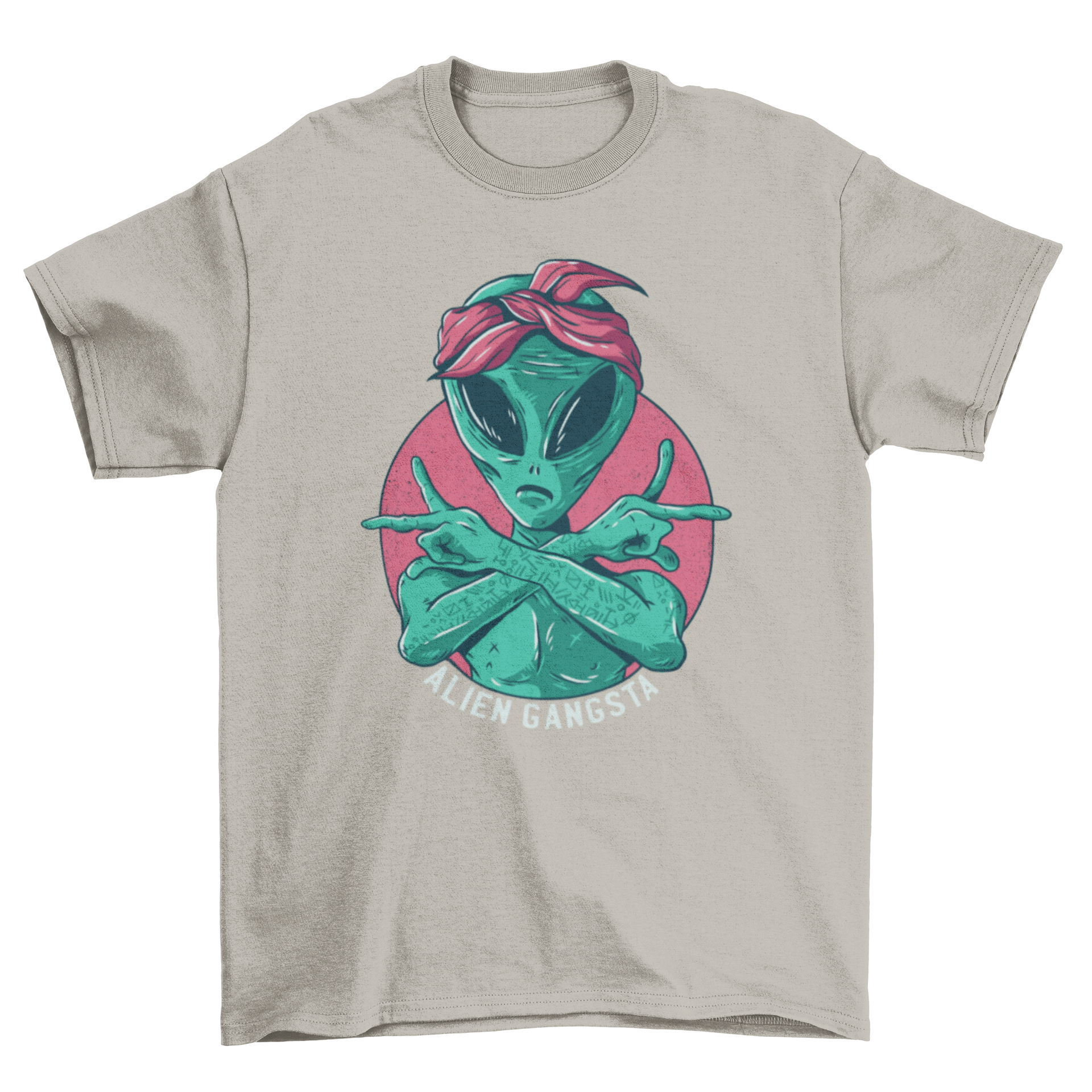 Alien Gangsta T-Shirt featuring a green alien making a gang sign with crossed hands and a headband, captioned 'Aliens Gangsta'.