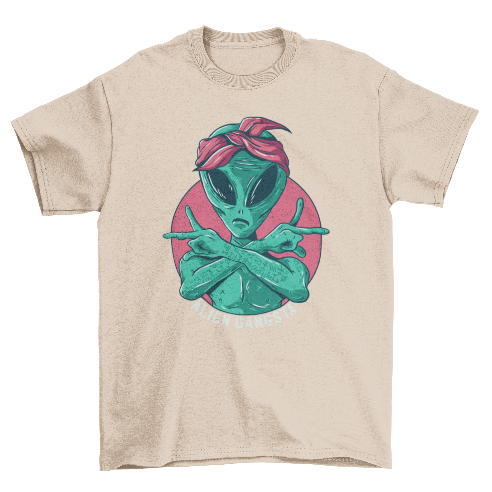 Alien Gangsta T-Shirt featuring a green alien making a gang sign with crossed hands and a headband, captioned 'Aliens Gangsta'.