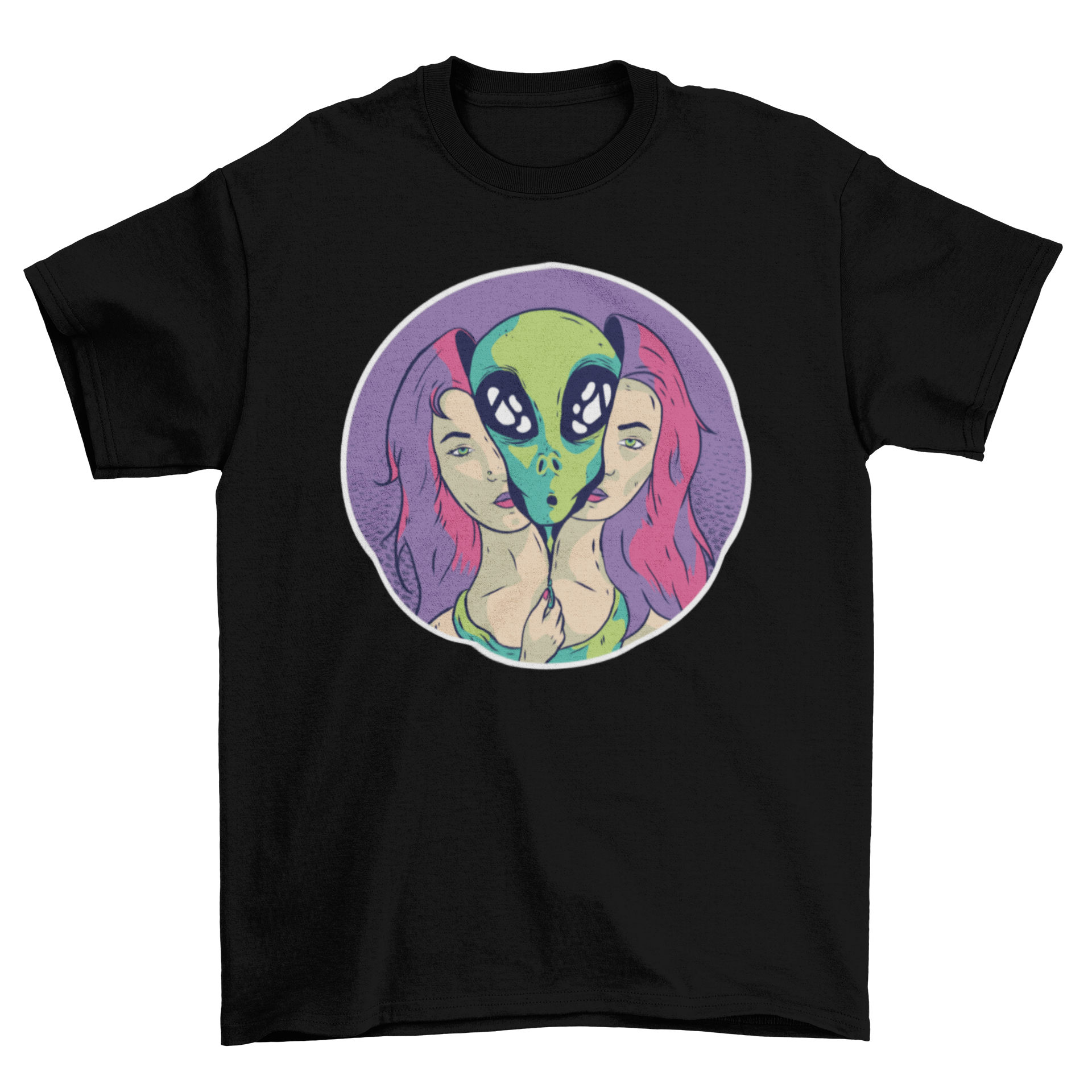 A graphic T-shirt featuring an alien design with a young woman unzipping her skin as a suit, showcasing a unique and artistic concept.