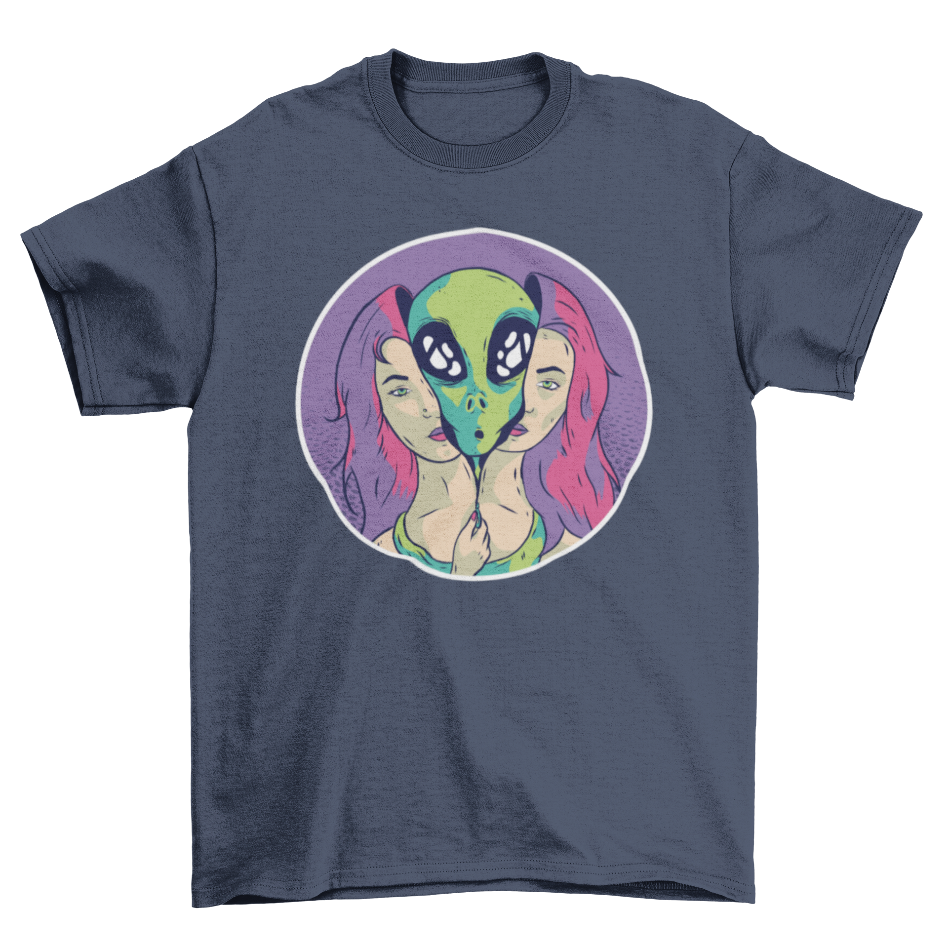 A graphic T-shirt featuring an alien design with a young woman unzipping her skin as a suit, showcasing a unique and artistic concept.