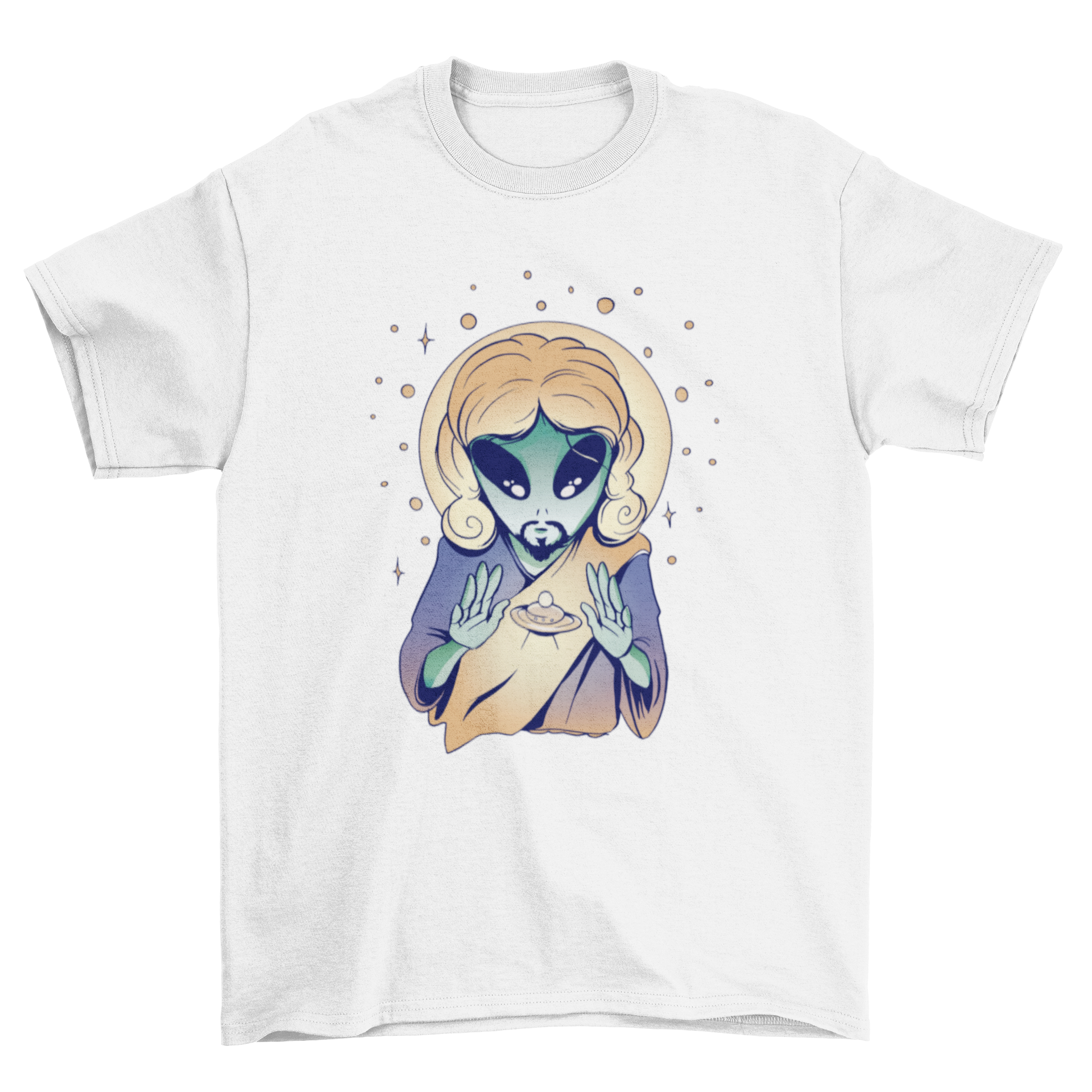 Alien Jesus t-shirt featuring a colorful design of an alien Jesus levitating a flying saucer.