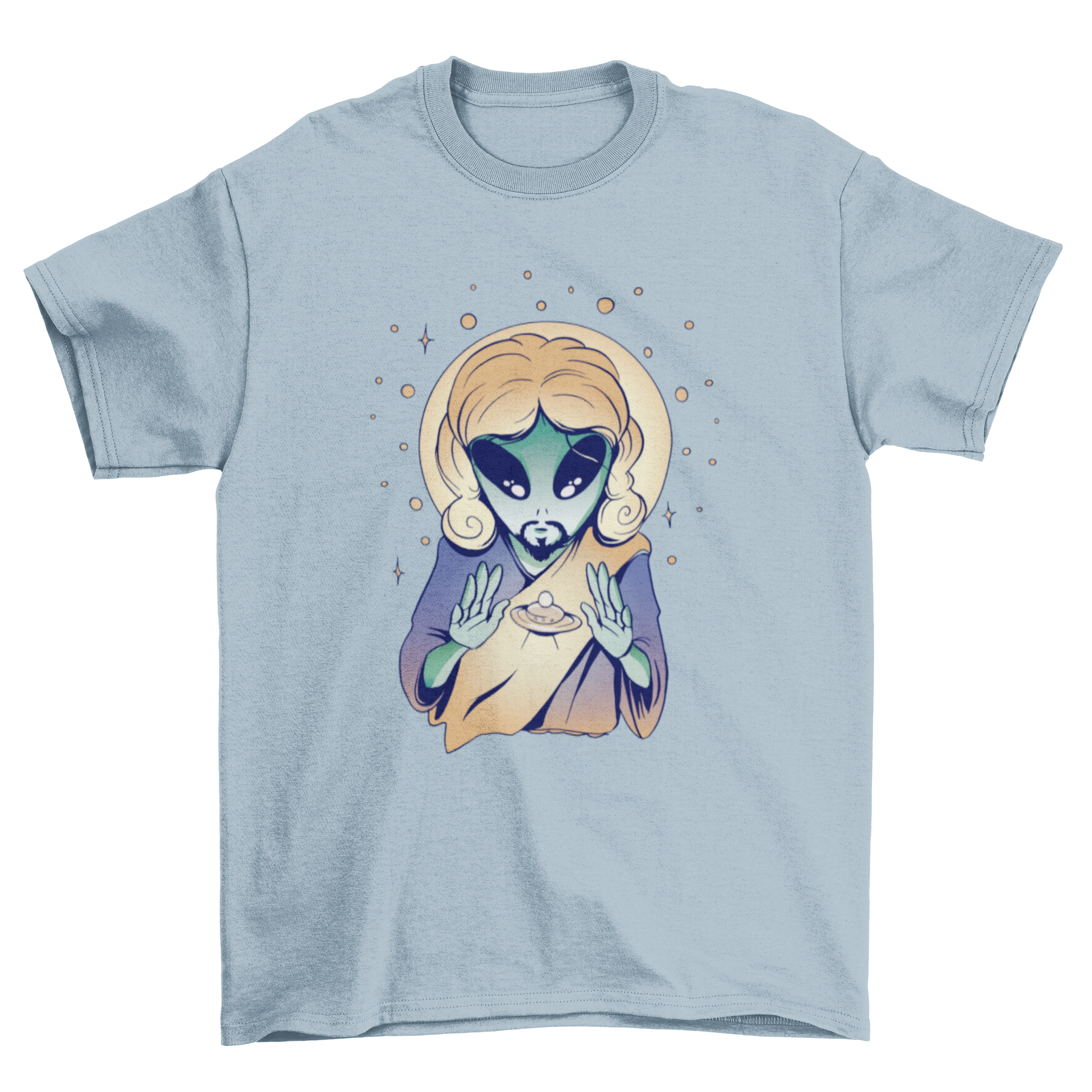 Alien Jesus t-shirt featuring a colorful design of an alien Jesus levitating a flying saucer.