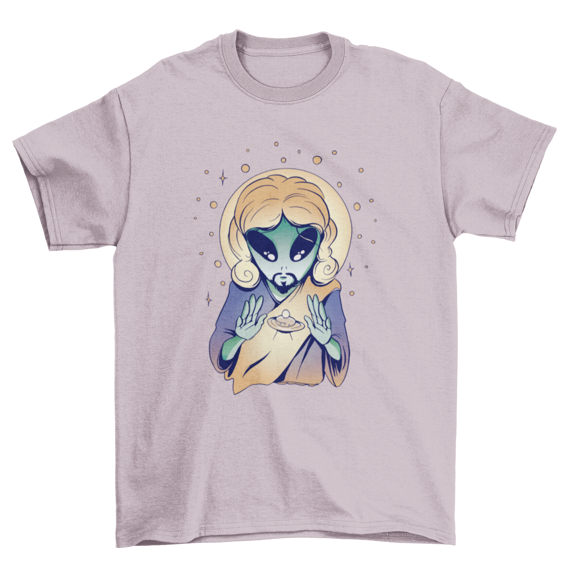 Alien Jesus t-shirt featuring a colorful design of an alien Jesus levitating a flying saucer.