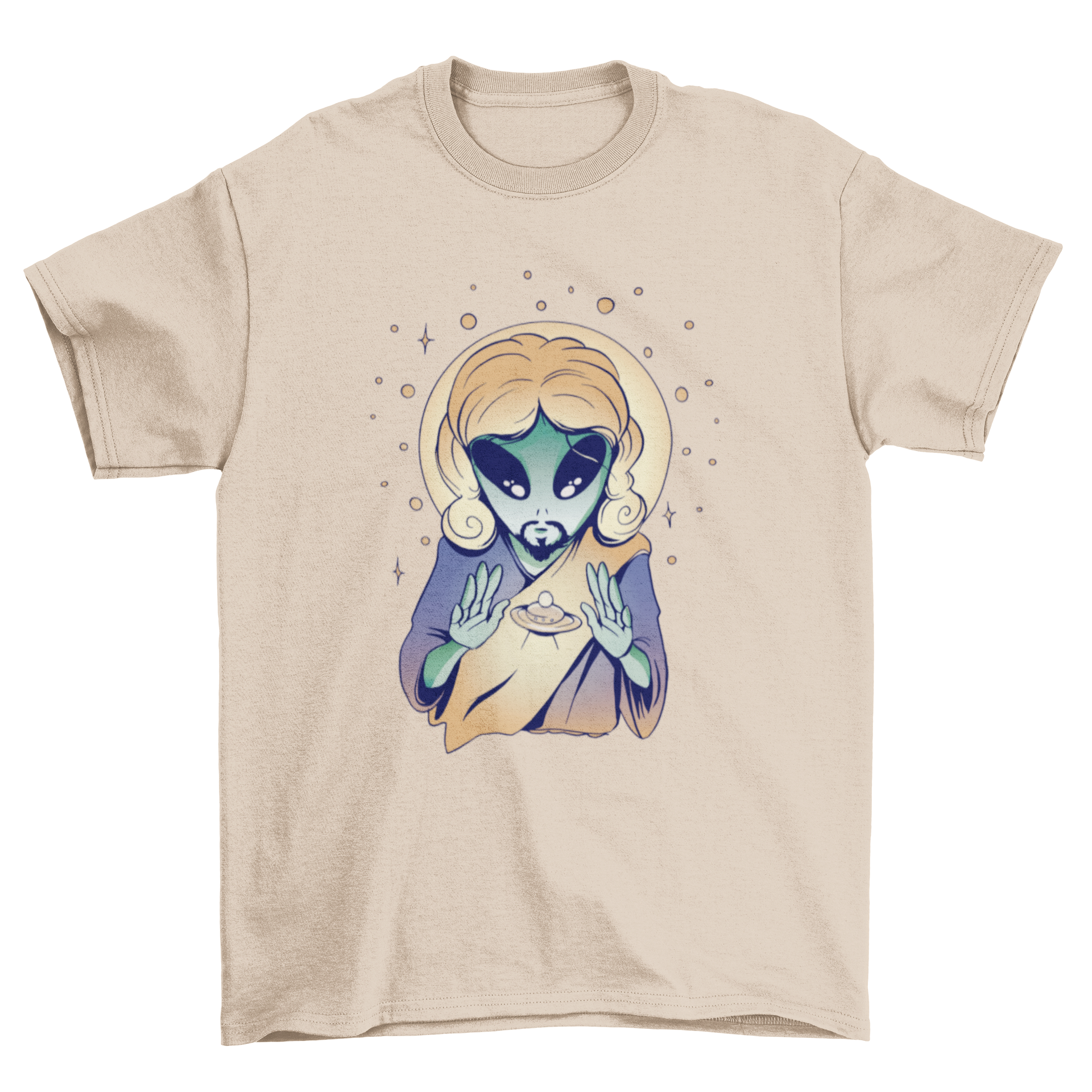 Alien Jesus t-shirt featuring a colorful design of an alien Jesus levitating a flying saucer.