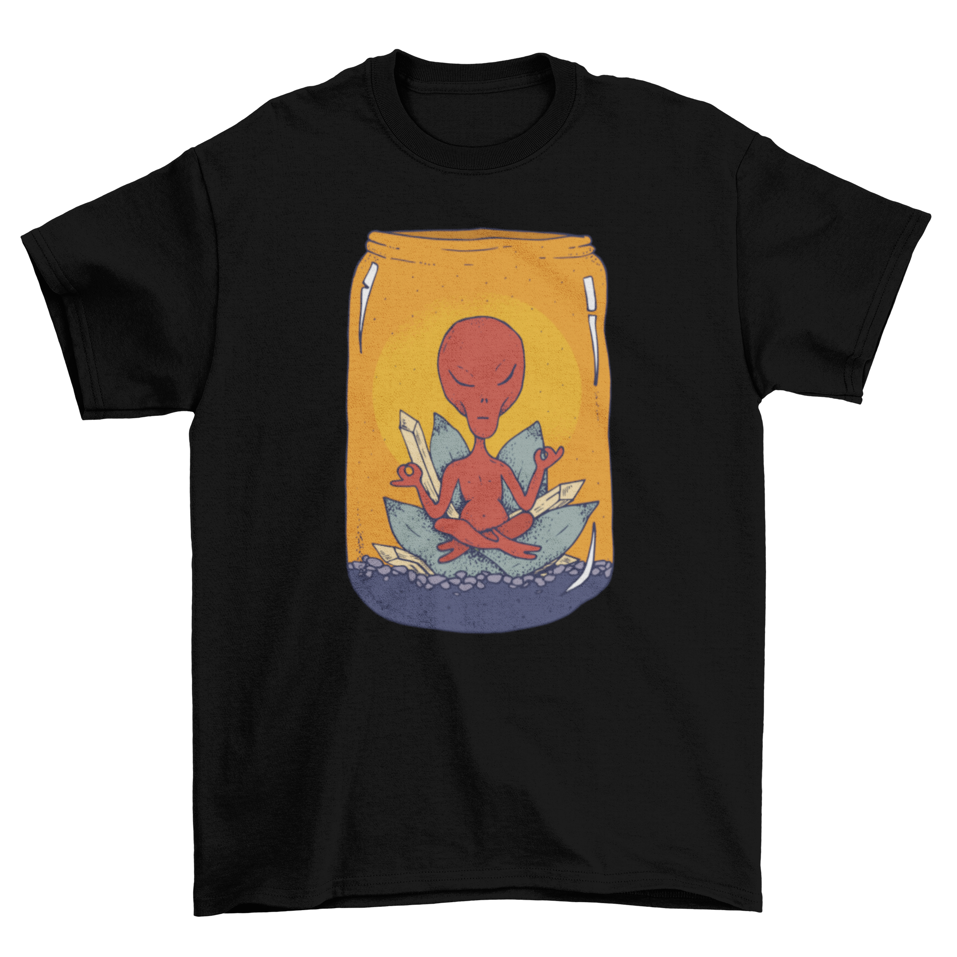 A vibrant t-shirt featuring a red alien in meditation pose inside a glass jar with colorful mineral crystals.