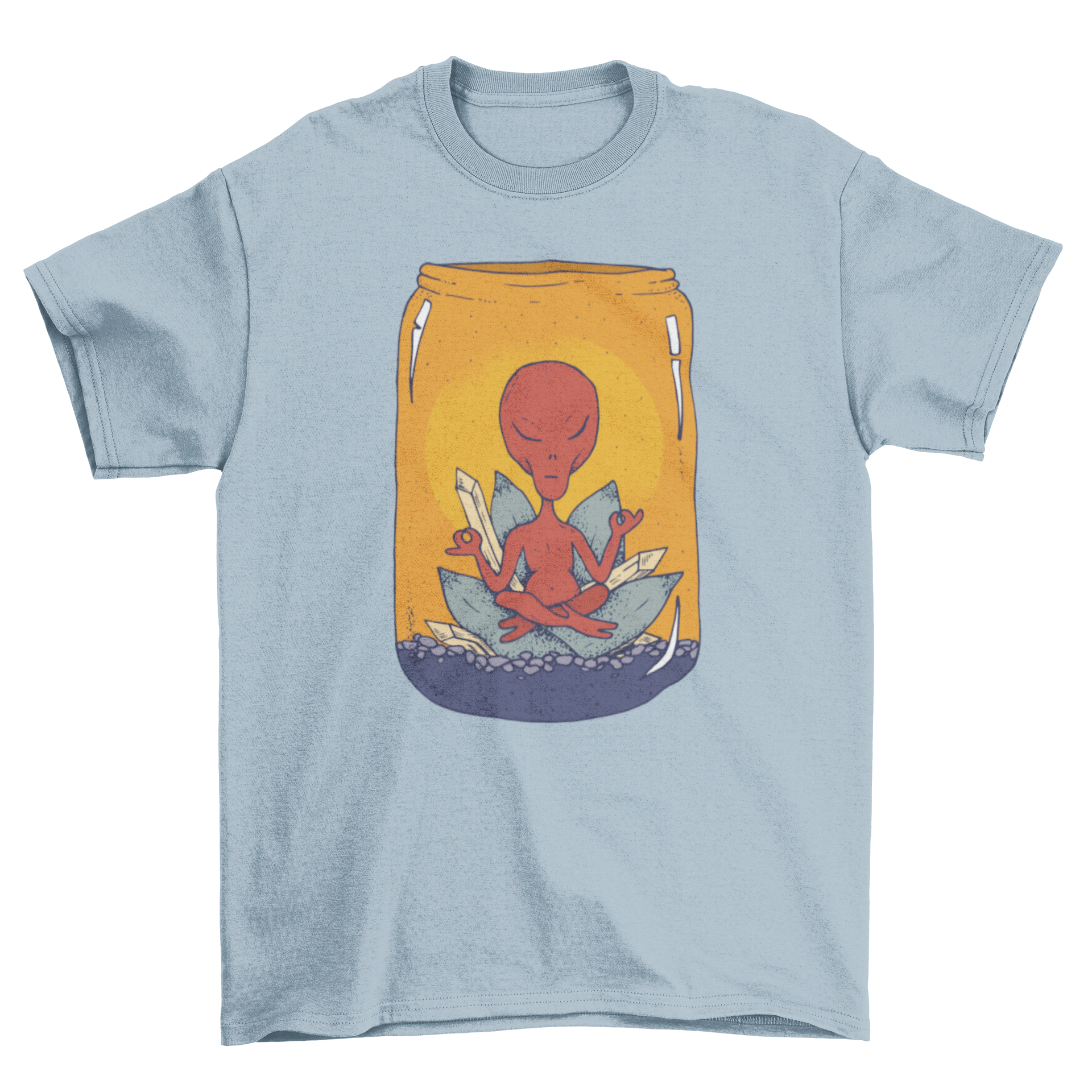 A vibrant t-shirt featuring a red alien in meditation pose inside a glass jar with colorful mineral crystals.