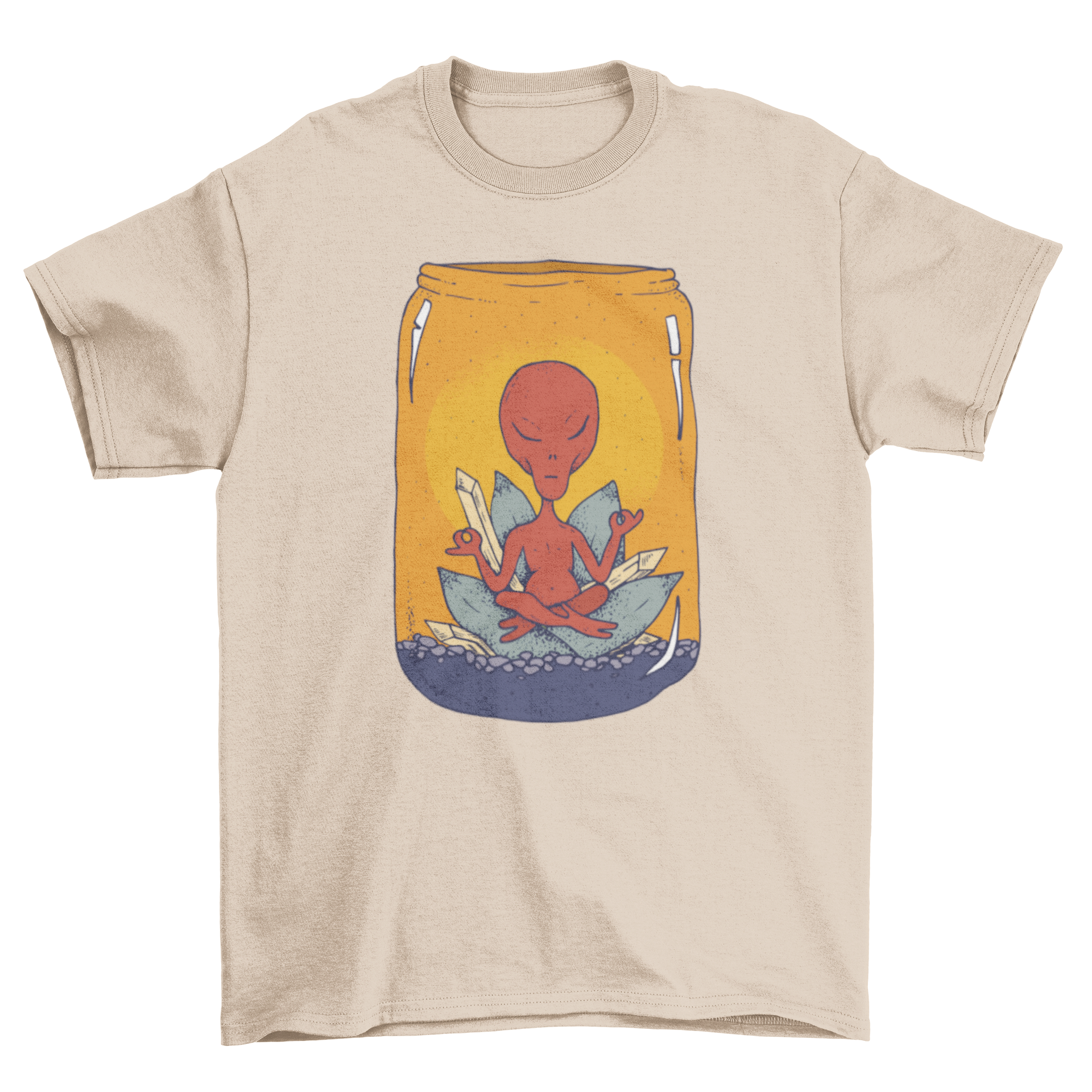 A vibrant t-shirt featuring a red alien in meditation pose inside a glass jar with colorful mineral crystals.