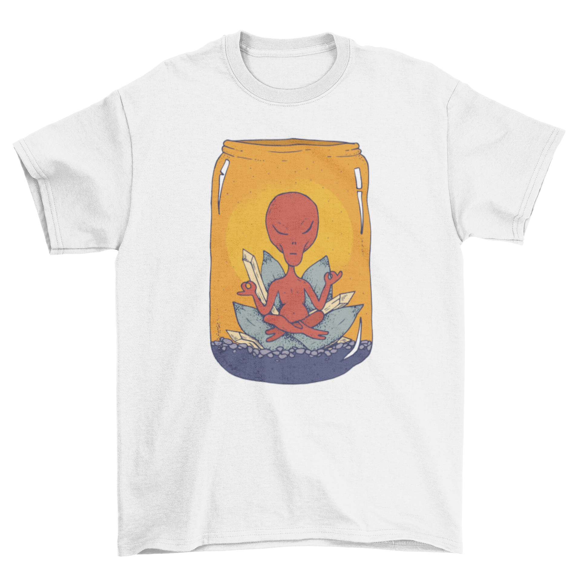 A vibrant t-shirt featuring a red alien in meditation pose inside a glass jar with colorful mineral crystals.