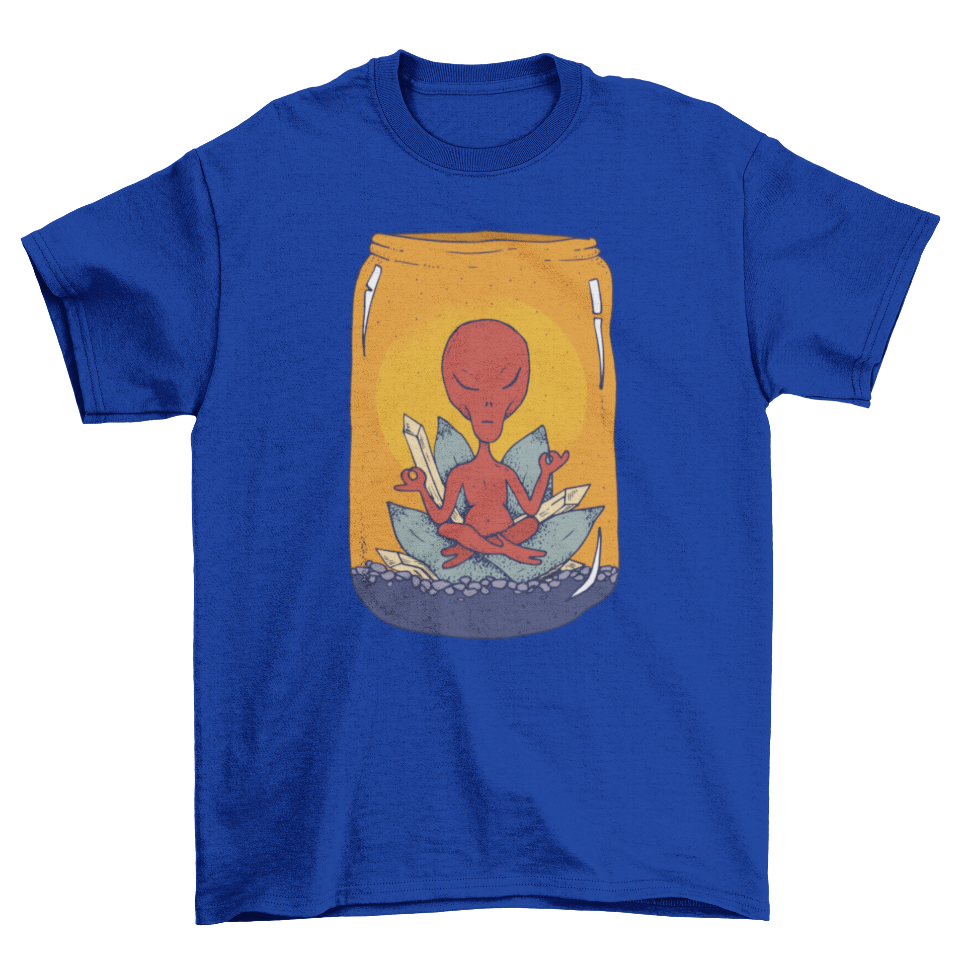 A vibrant t-shirt featuring a red alien in meditation pose inside a glass jar with colorful mineral crystals.