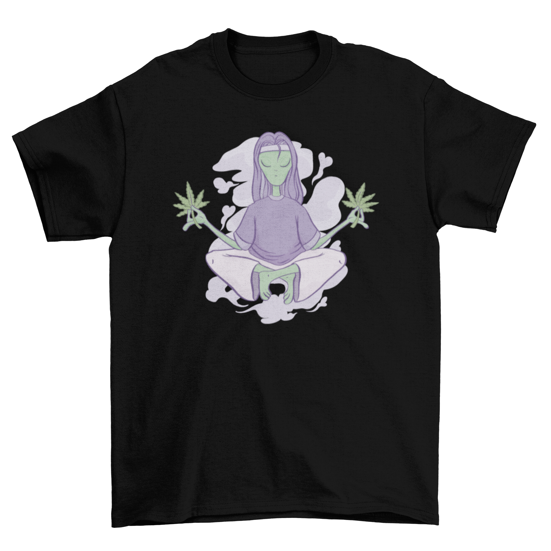 A fun t-shirt featuring an alien meditating with a marihuana leaf design, showcasing a vibrant and playful style.