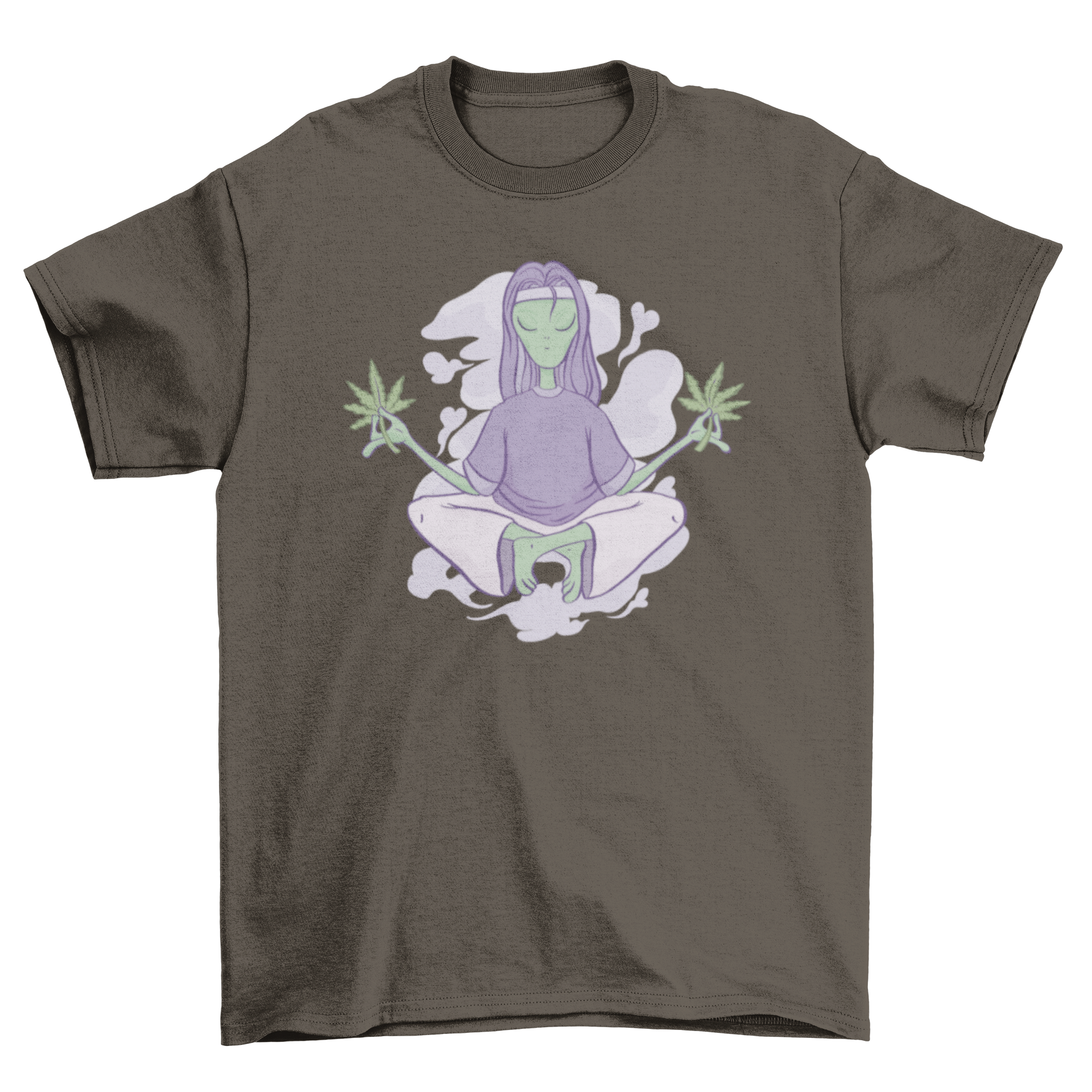 A fun t-shirt featuring an alien meditating with a marihuana leaf design, showcasing a vibrant and playful style.