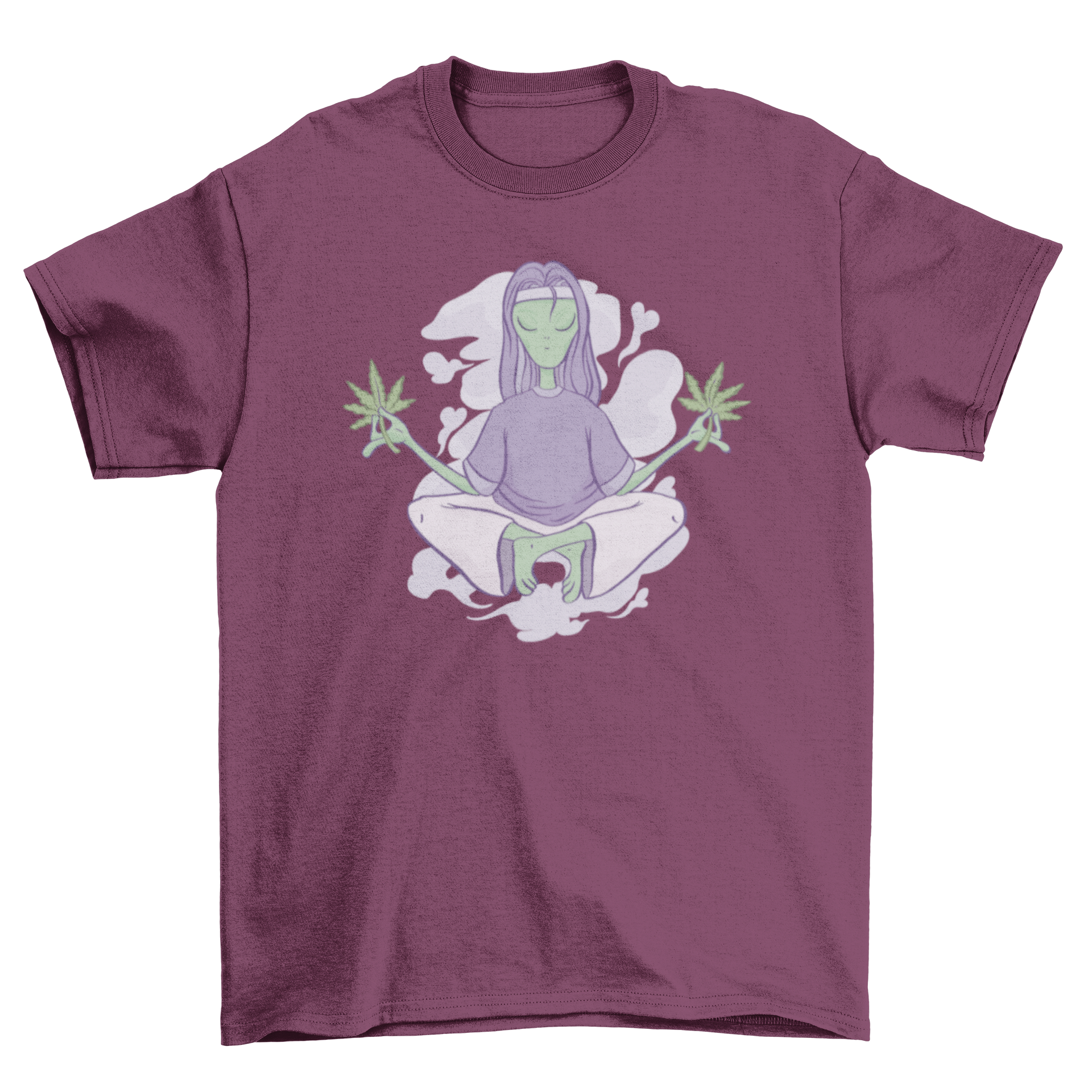 A fun t-shirt featuring an alien meditating with a marihuana leaf design, showcasing a vibrant and playful style.