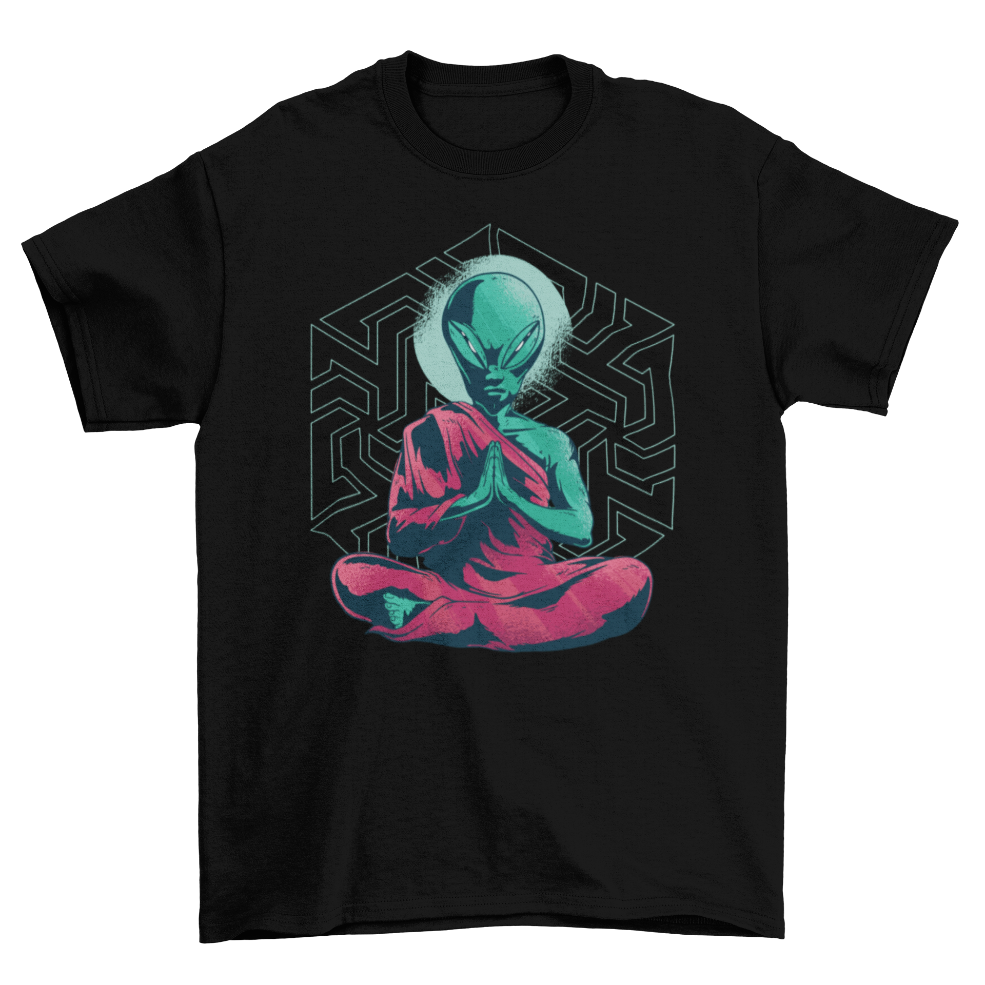 A vibrant t-shirt featuring a meditating alien dressed as a monk, set against an abstract hexagonal labyrinth background.