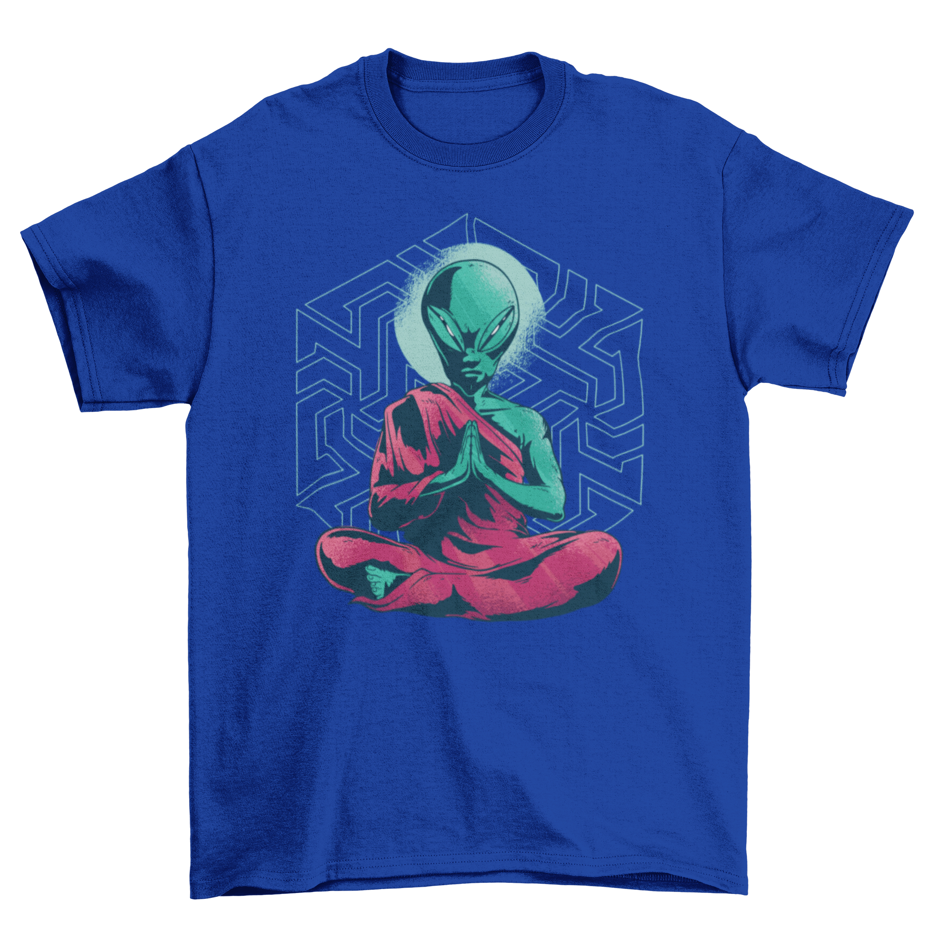 A vibrant t-shirt featuring a meditating alien dressed as a monk, set against an abstract hexagonal labyrinth background.