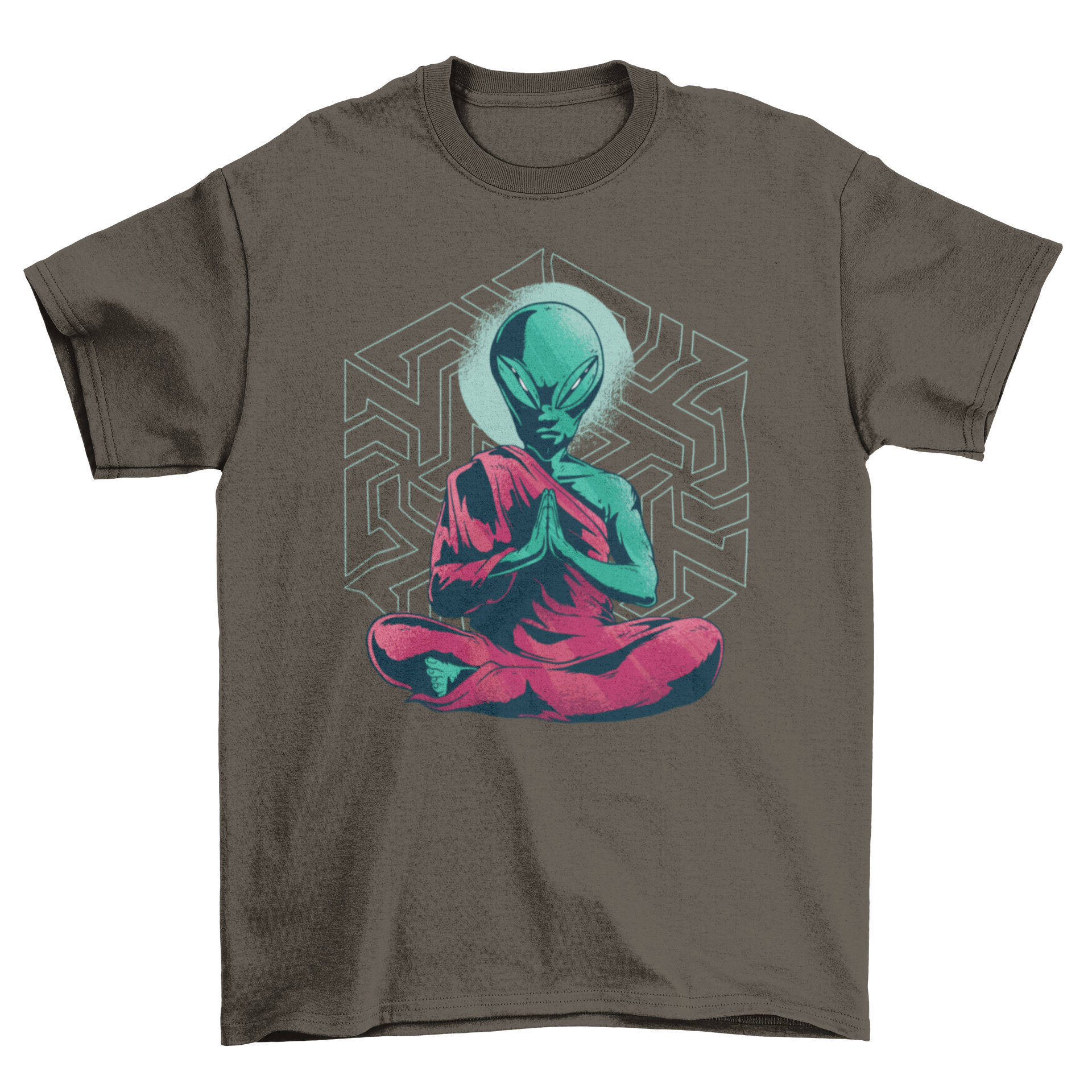 A vibrant t-shirt featuring a meditating alien dressed as a monk, set against an abstract hexagonal labyrinth background.