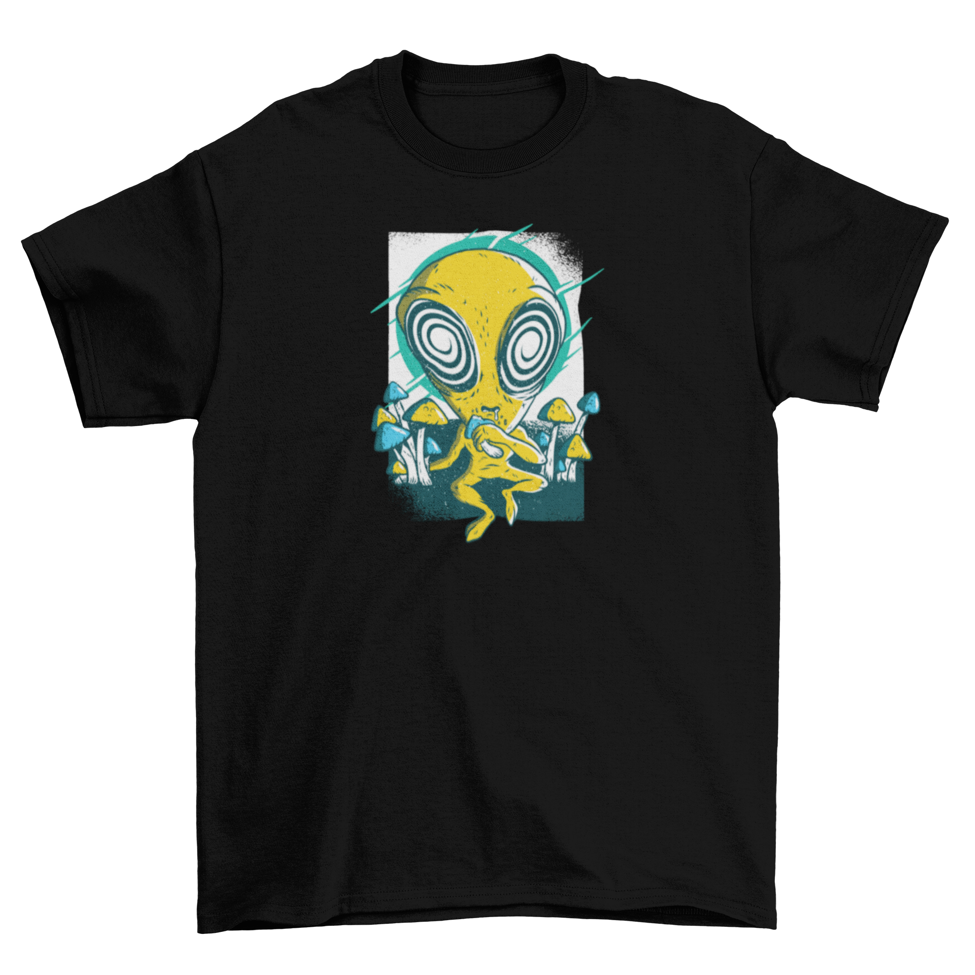 A vibrant cartoon t-shirt featuring a yellow alien with hallucinating eyes, surrounded by psychedelic mushrooms, perfect for space lovers.