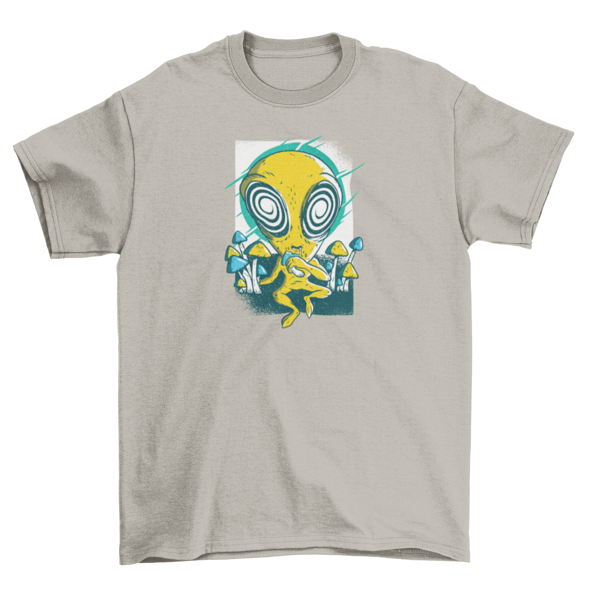 A vibrant cartoon t-shirt featuring a yellow alien with hallucinating eyes, surrounded by psychedelic mushrooms, perfect for space lovers.