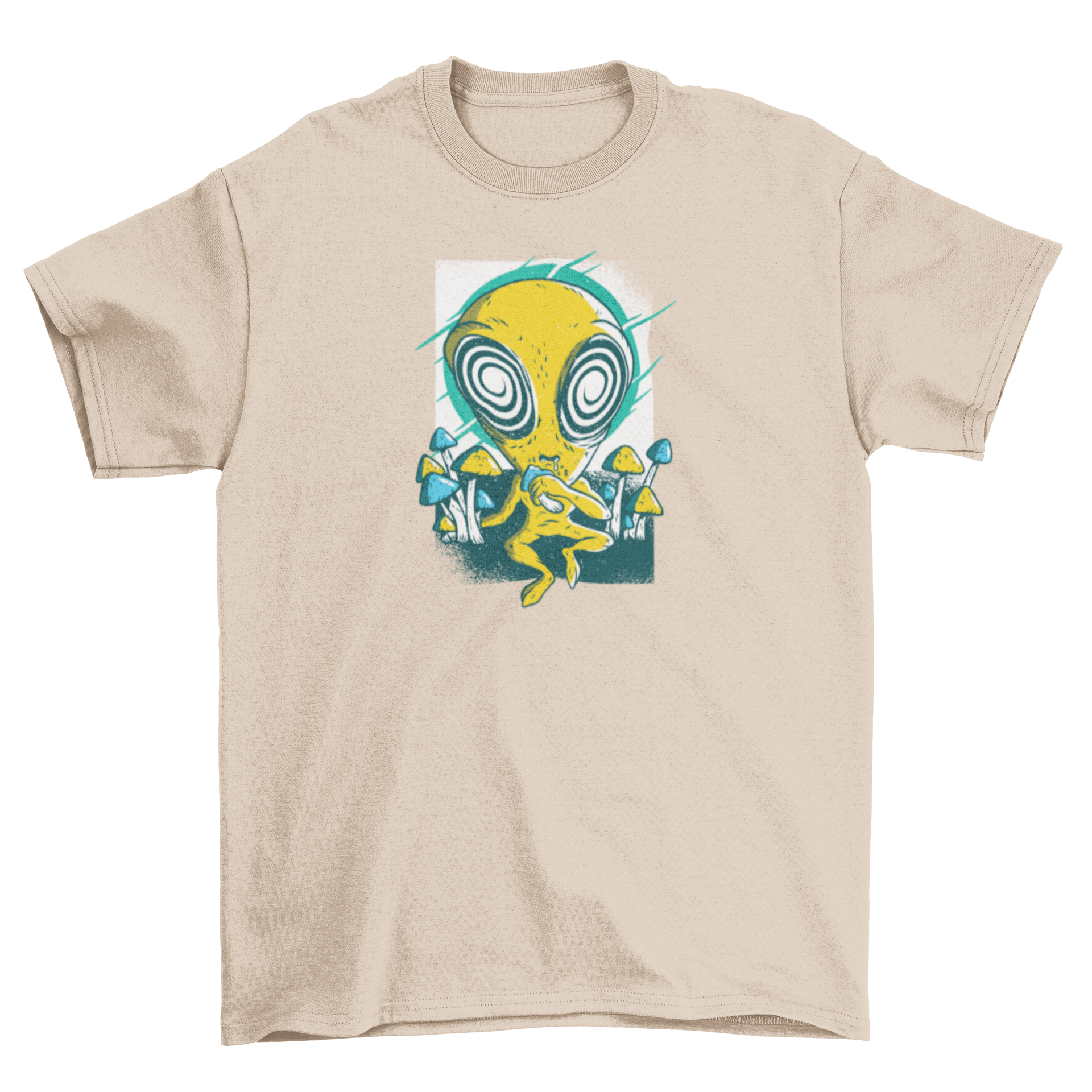 A vibrant cartoon t-shirt featuring a yellow alien with hallucinating eyes, surrounded by psychedelic mushrooms, perfect for space lovers.