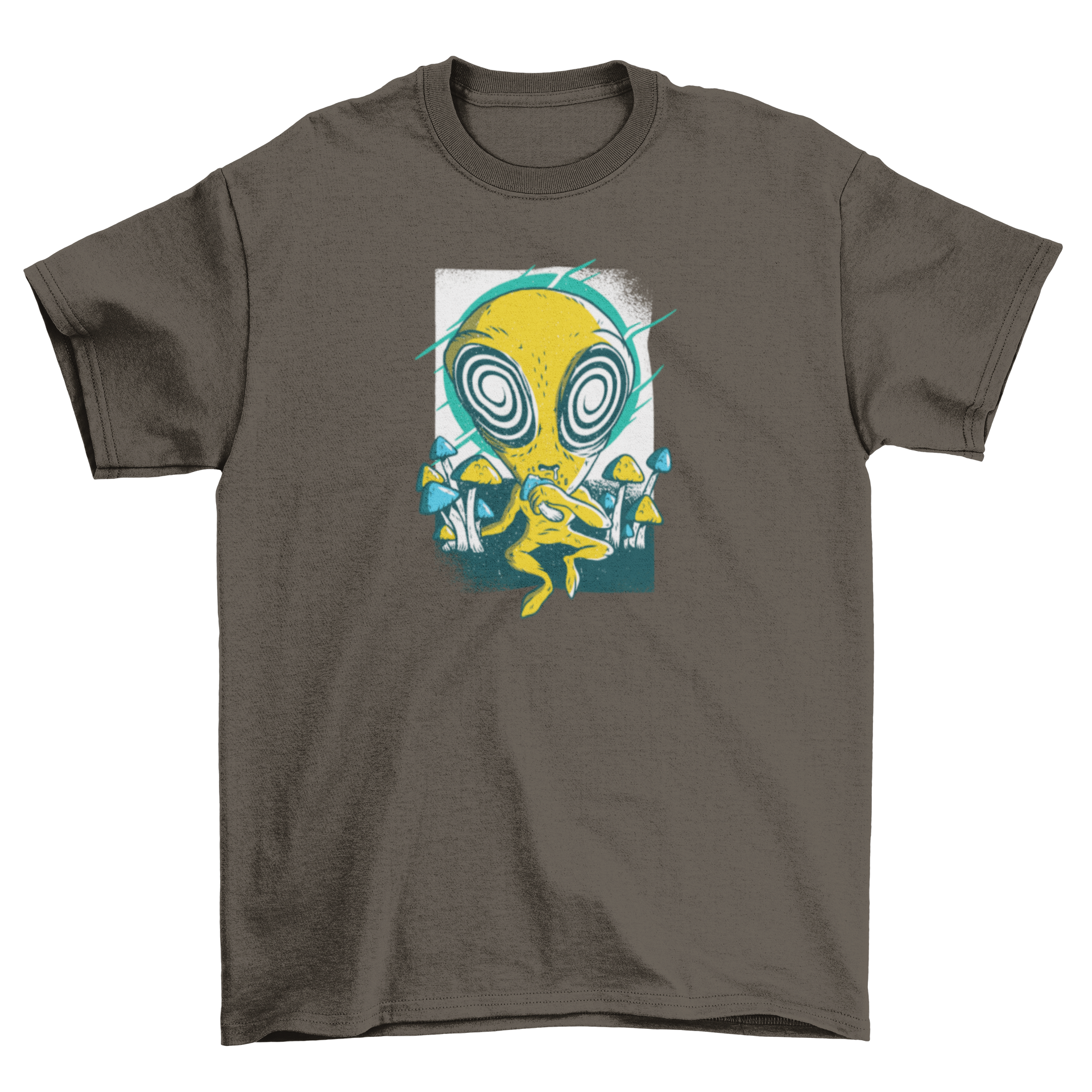 A vibrant cartoon t-shirt featuring a yellow alien with hallucinating eyes, surrounded by psychedelic mushrooms, perfect for space lovers.