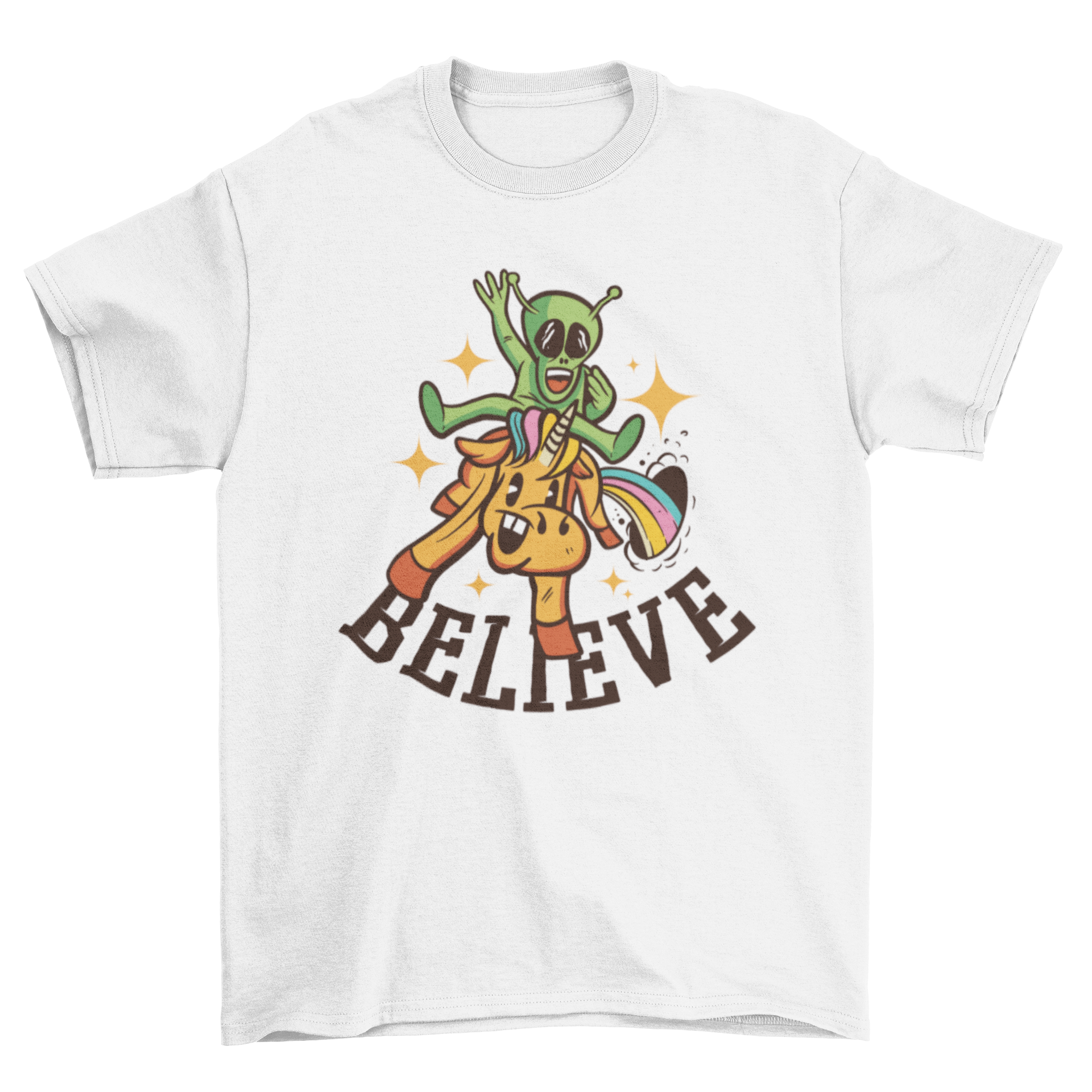 A colorful t-shirt featuring a cartoon alien riding a unicorn with the quote 'Believe'.