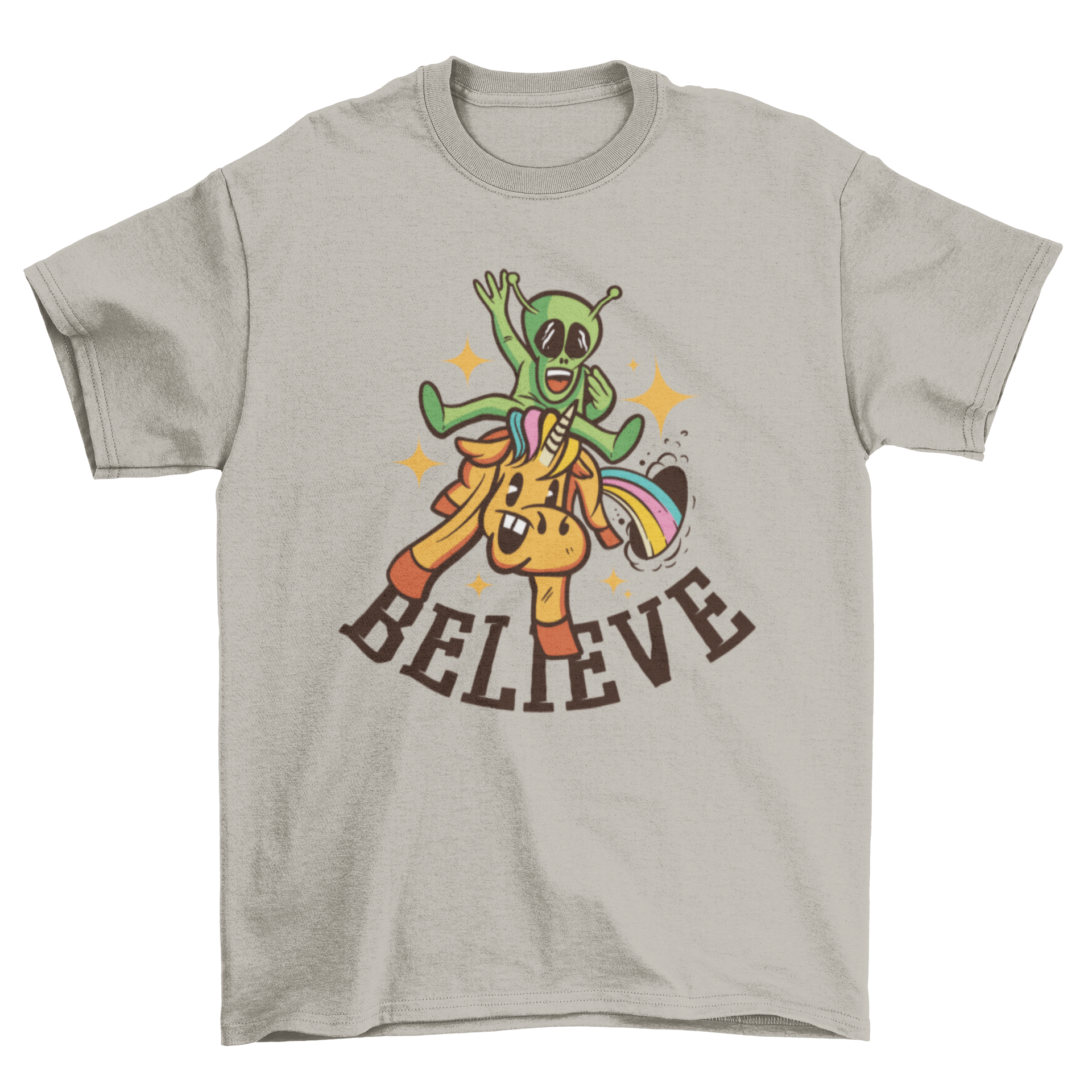 A colorful t-shirt featuring a cartoon alien riding a unicorn with the quote 'Believe'.