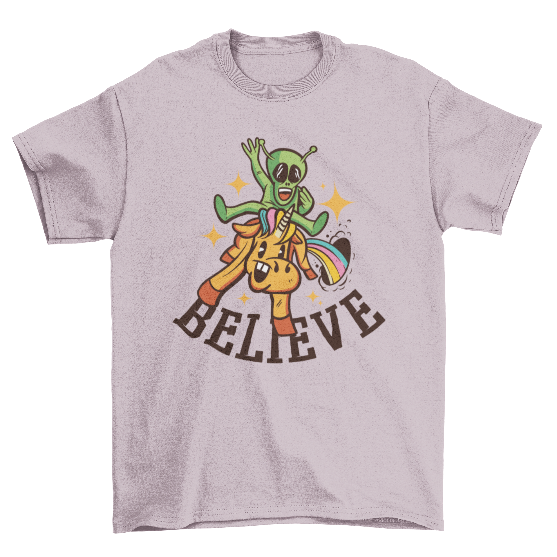 A colorful t-shirt featuring a cartoon alien riding a unicorn with the quote 'Believe'.