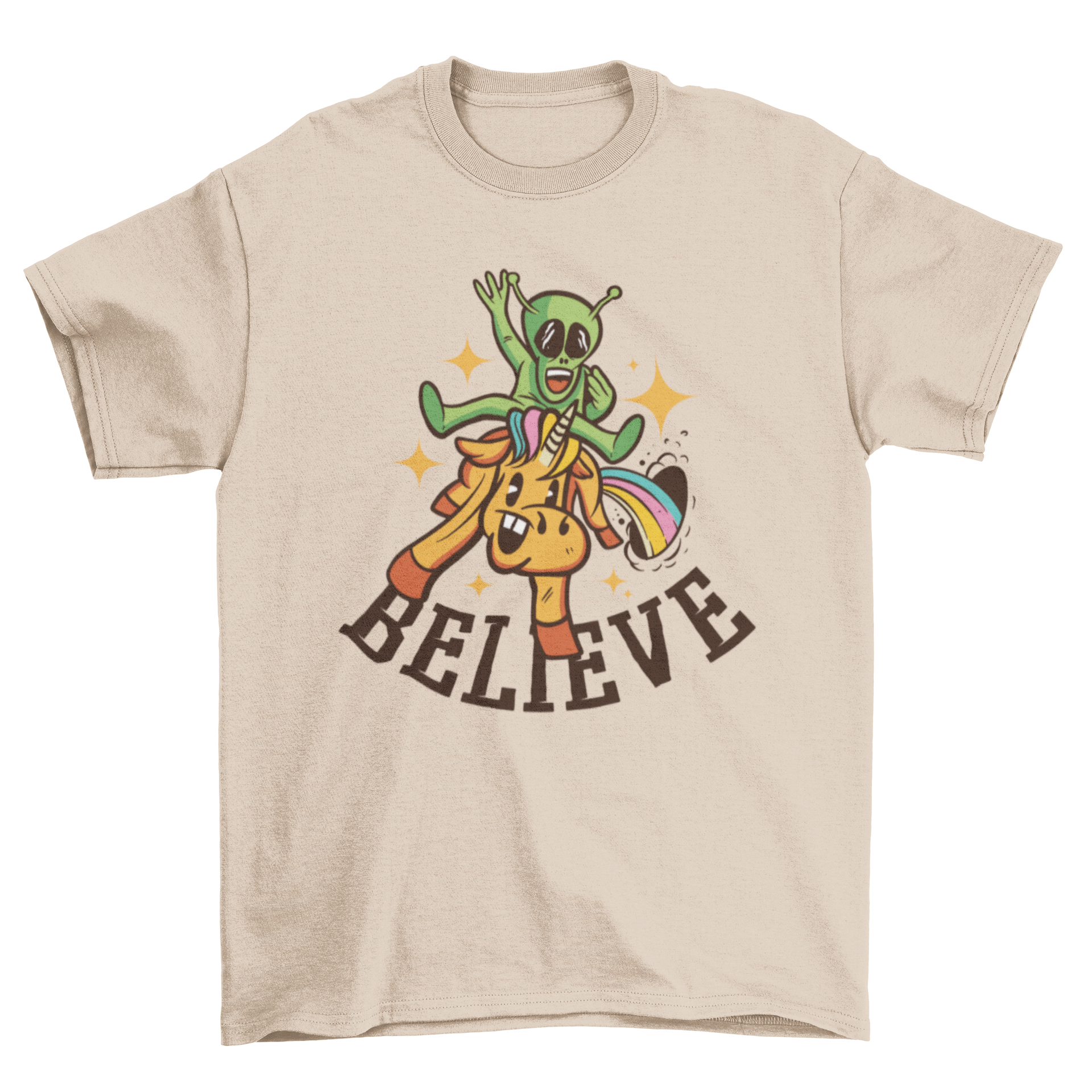 A colorful t-shirt featuring a cartoon alien riding a unicorn with the quote 'Believe'.