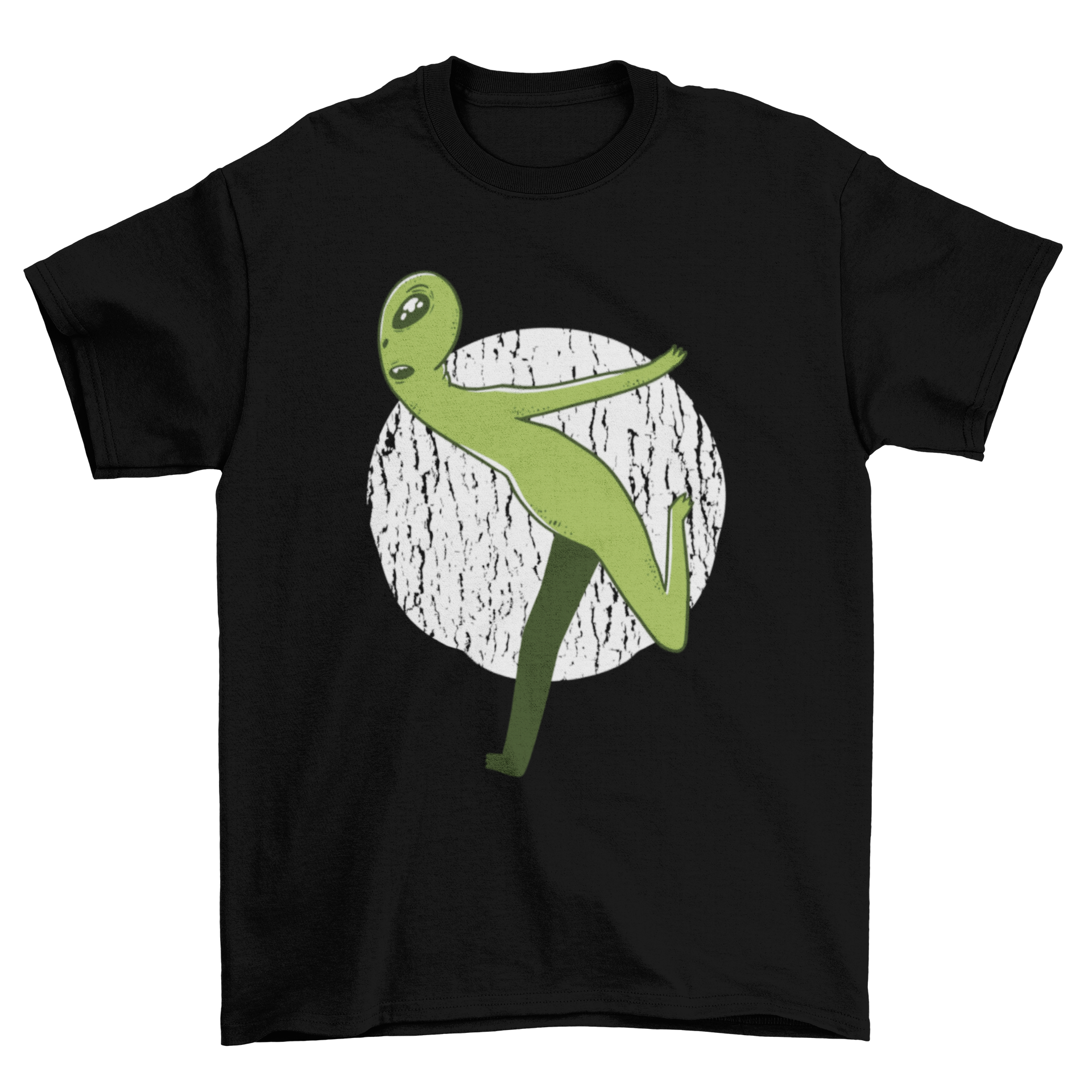 A vibrant green alien illustration running on a t-shirt, showcasing a fun and unique design for fitness enthusiasts.