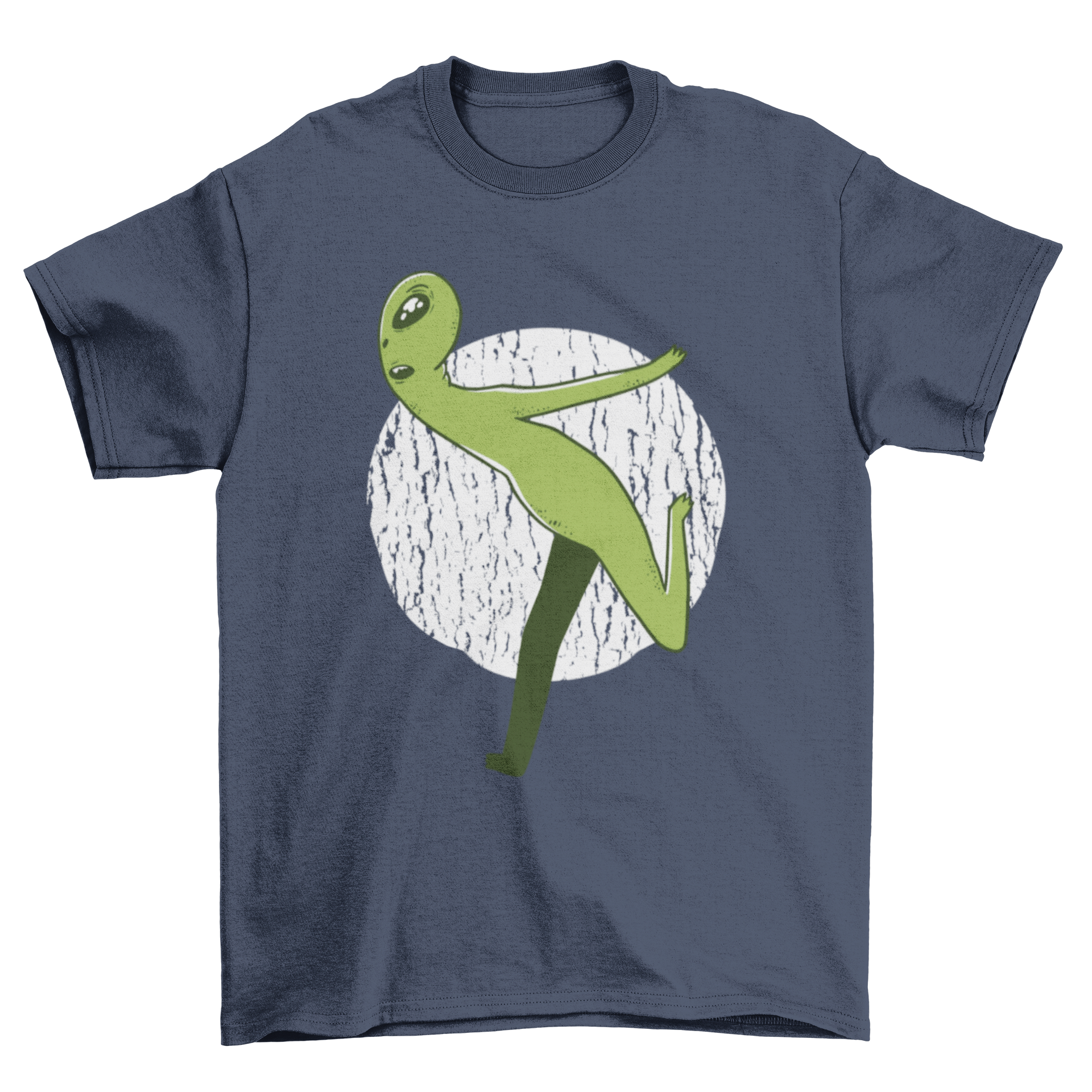 A vibrant green alien illustration running on a t-shirt, showcasing a fun and unique design for fitness enthusiasts.