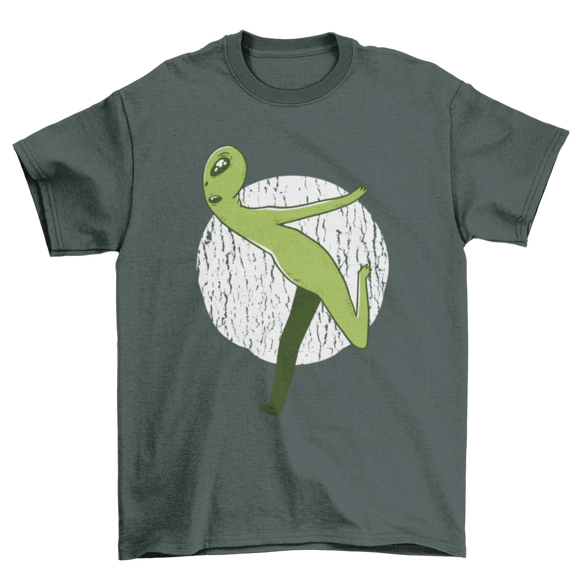 A vibrant green alien illustration running on a t-shirt, showcasing a fun and unique design for fitness enthusiasts.