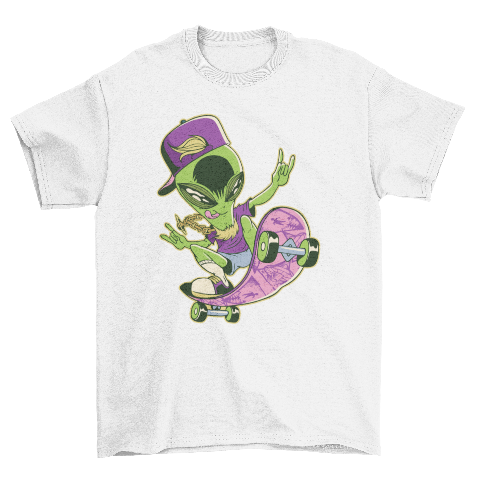 A vibrant Alien Skater T-shirt featuring a colorful graphic of an alien on a skateboard, perfect for casual wear.