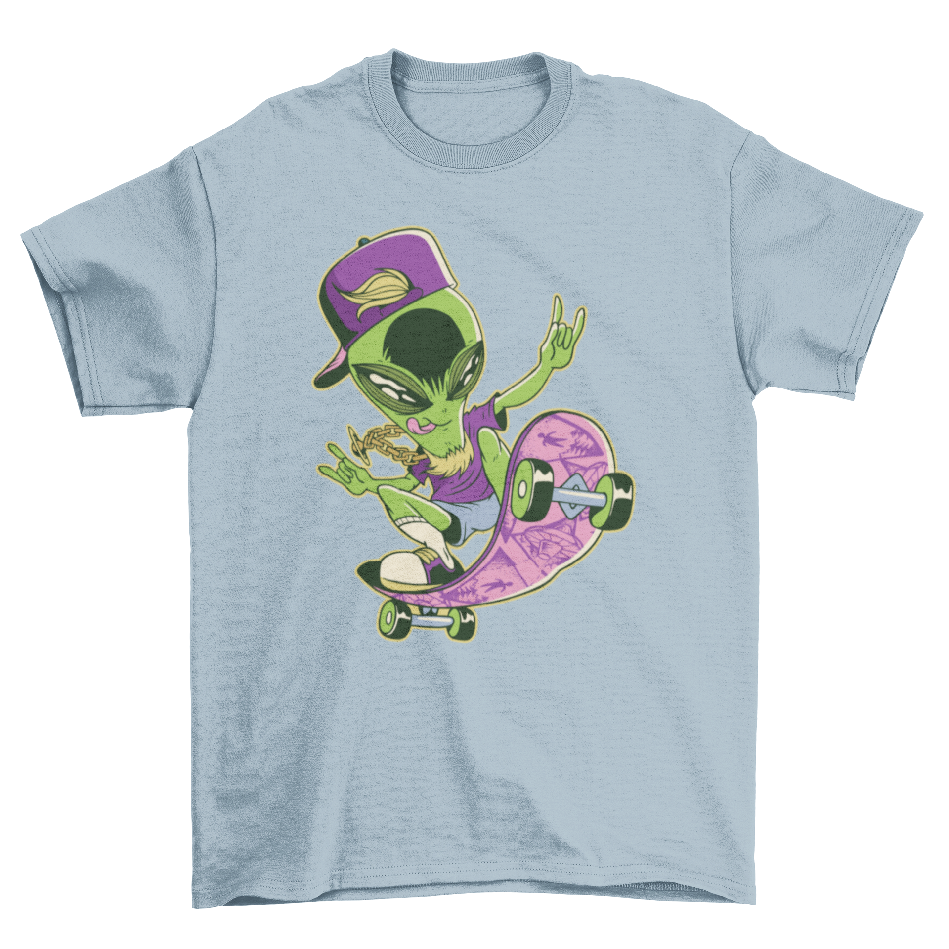 A vibrant Alien Skater T-shirt featuring a colorful graphic of an alien on a skateboard, perfect for casual wear.