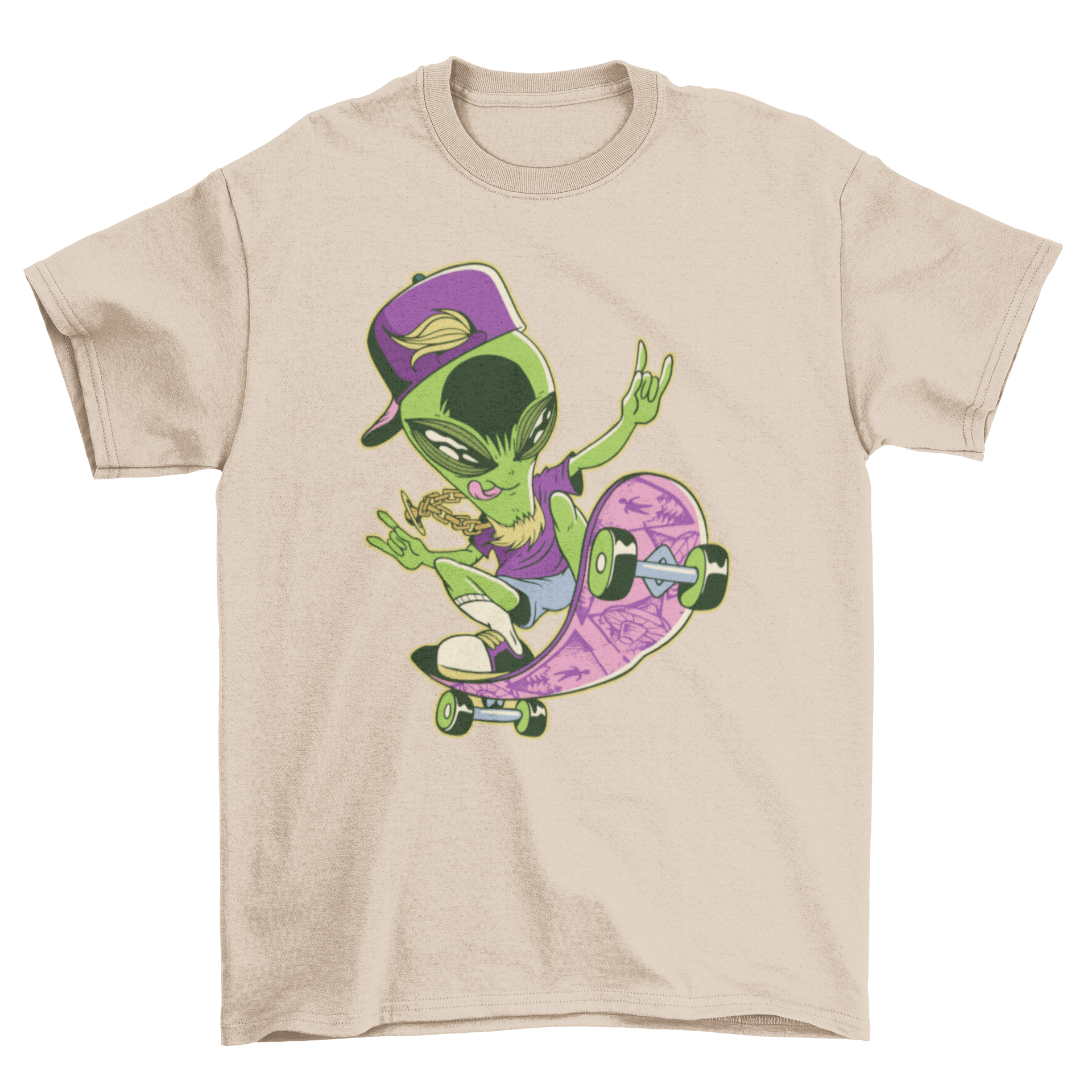 A vibrant Alien Skater T-shirt featuring a colorful graphic of an alien on a skateboard, perfect for casual wear.