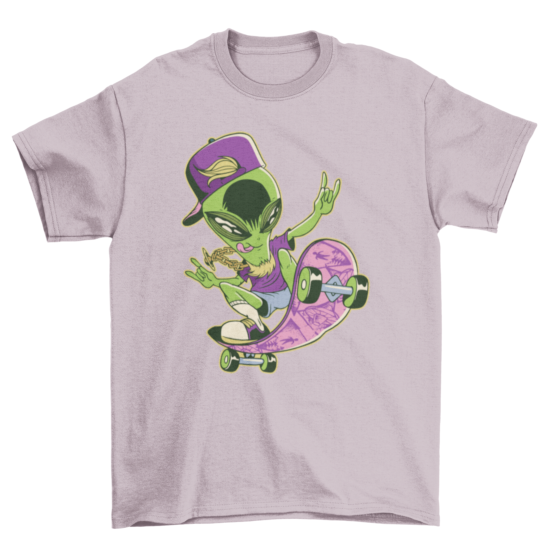 A vibrant Alien Skater T-shirt featuring a colorful graphic of an alien on a skateboard, perfect for casual wear.