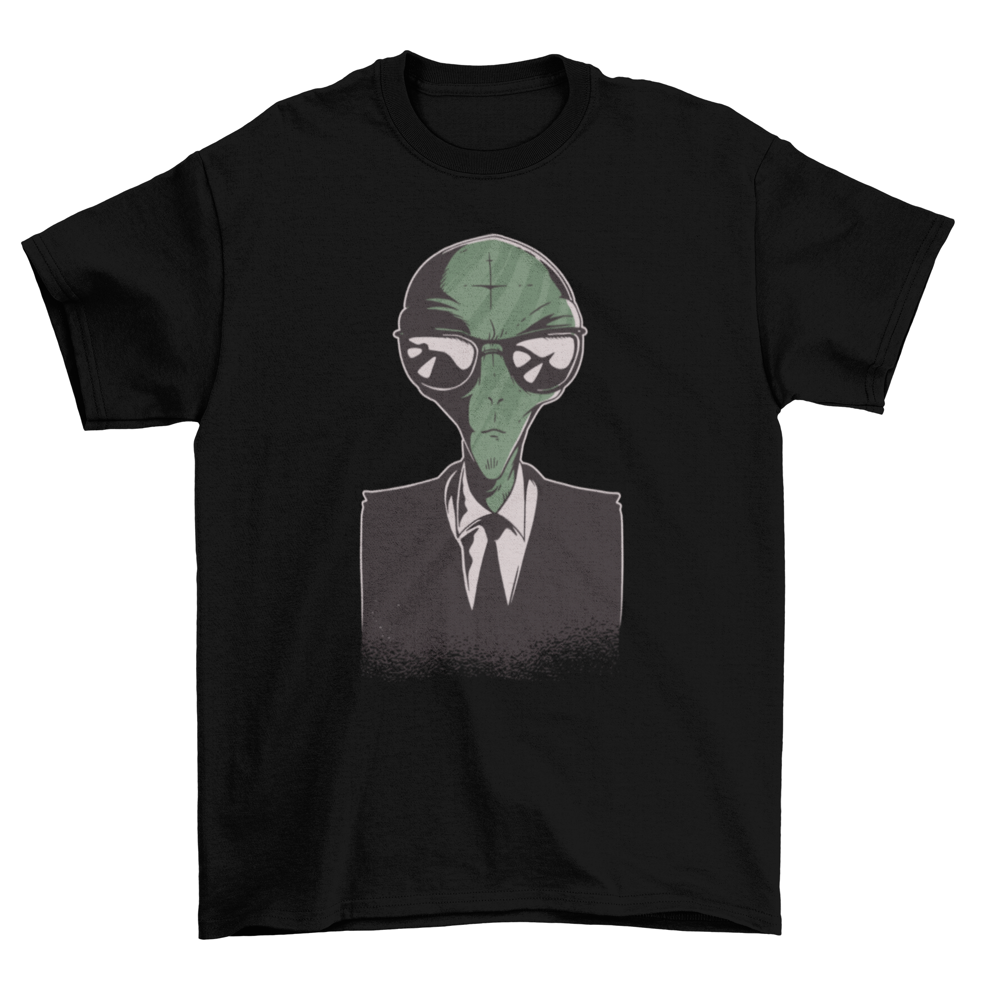 A stylish T-shirt featuring a cartoon alien dressed in a formal suit, showcasing a fun and unique design.