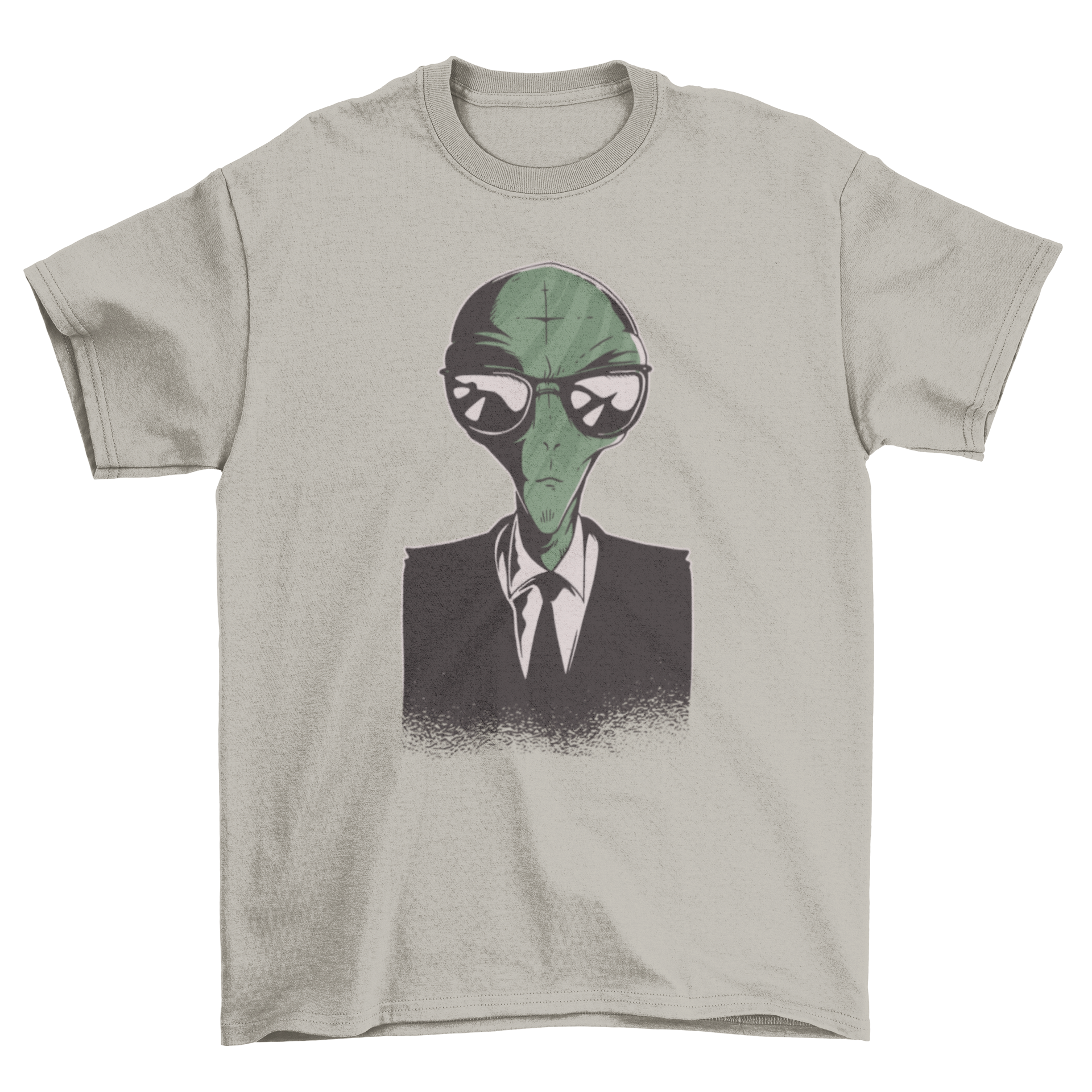 A stylish T-shirt featuring a cartoon alien dressed in a formal suit, showcasing a fun and unique design.